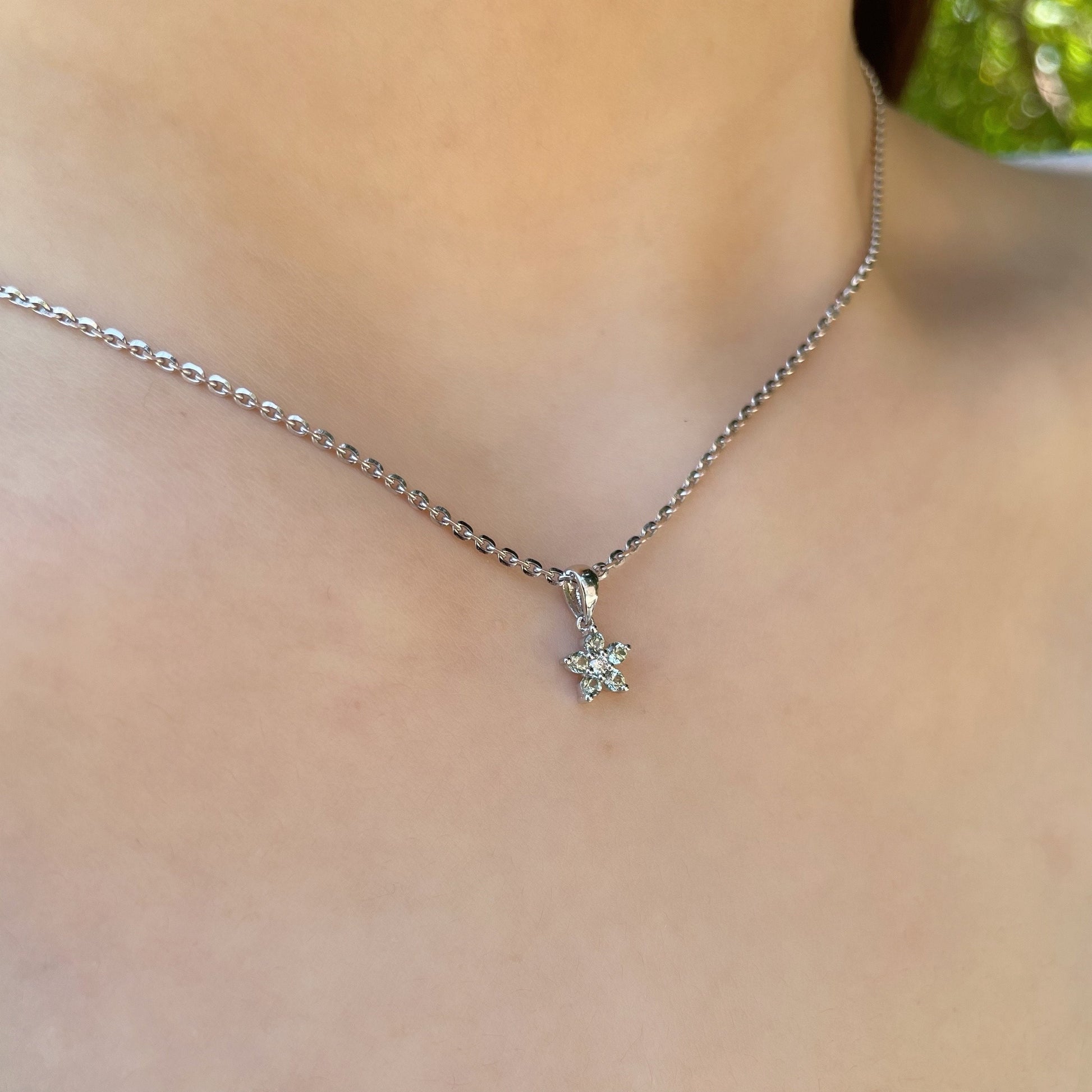 14K Solid Gold Genuine Green Sapphire and Diamond Flower Pendant