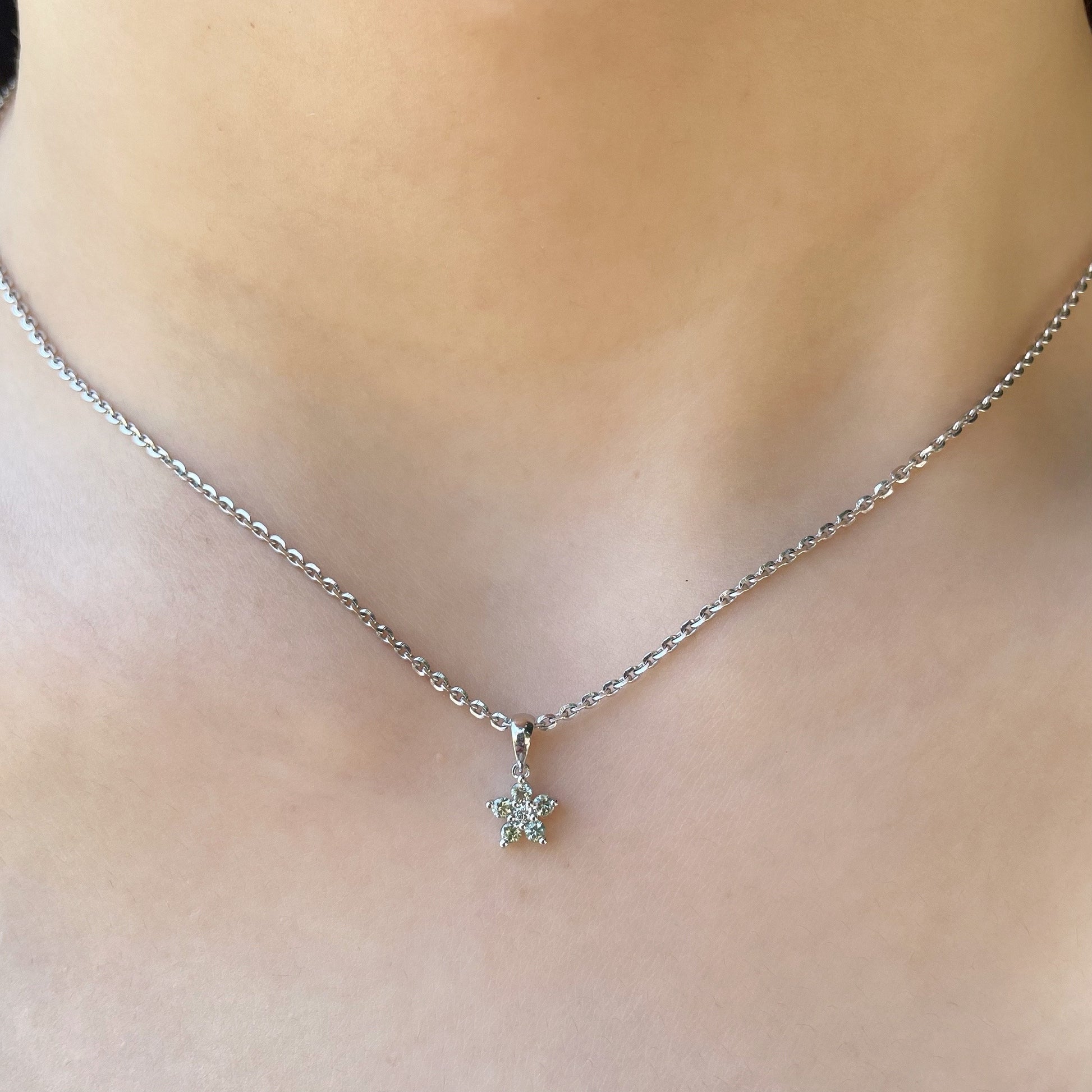 14K Solid Gold Genuine Green Sapphire and Diamond Flower Pendant