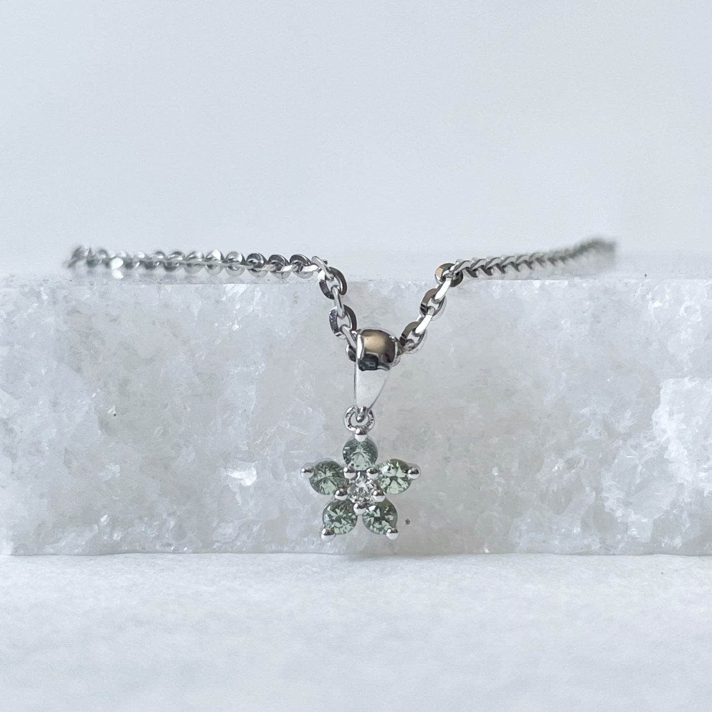 14K Solid Gold Genuine Green Sapphire and Diamond Flower Pendant