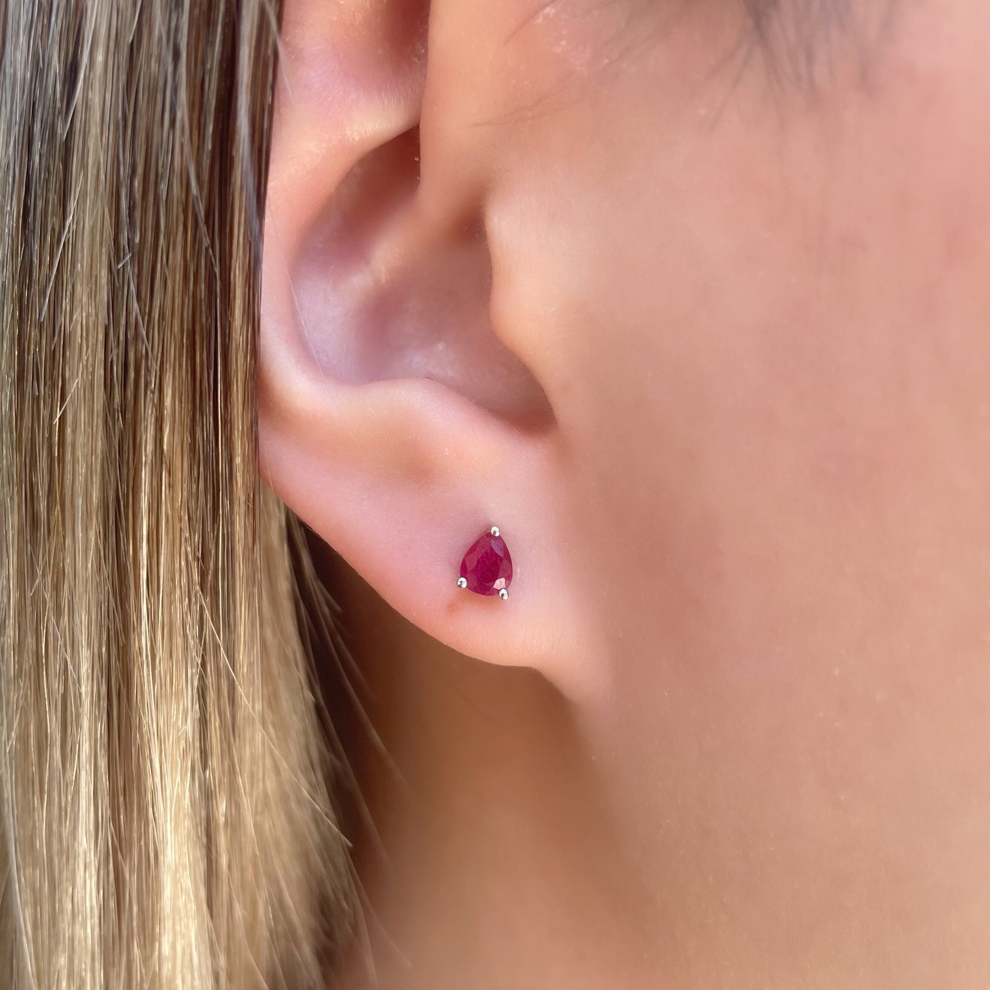 14K Solid Gold Genuine Teardrop Ruby Studs/Pair