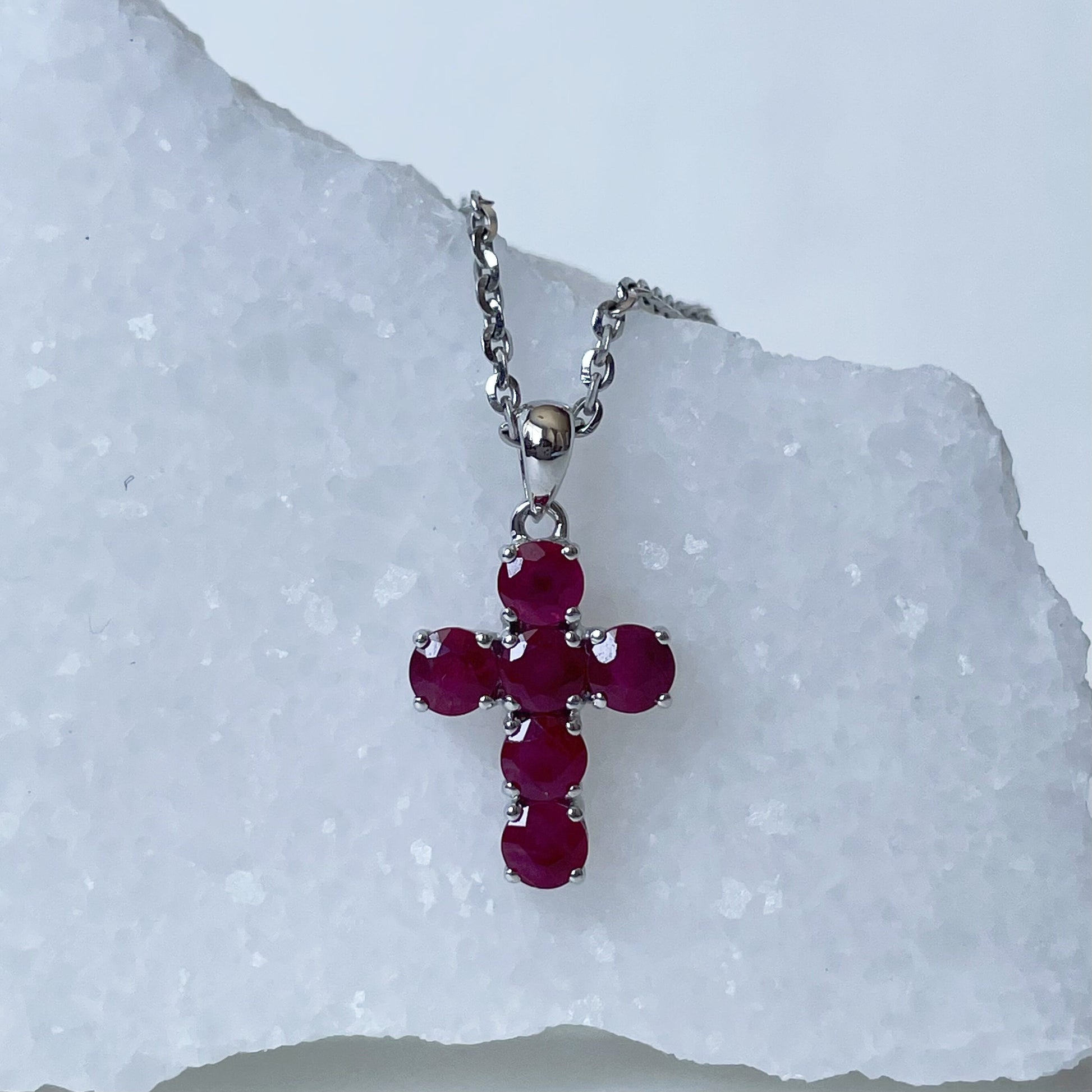 14K Solid Gold Genuine Round Ruby Cross Pendant