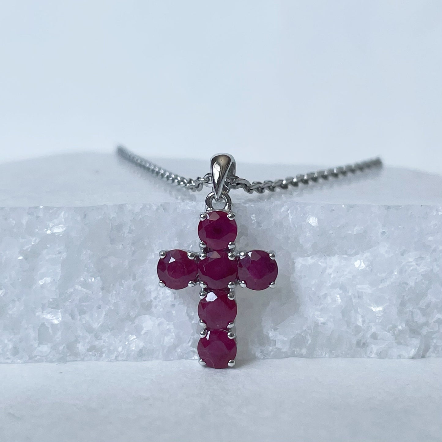 14K Solid Gold Genuine Round Ruby Cross Pendant