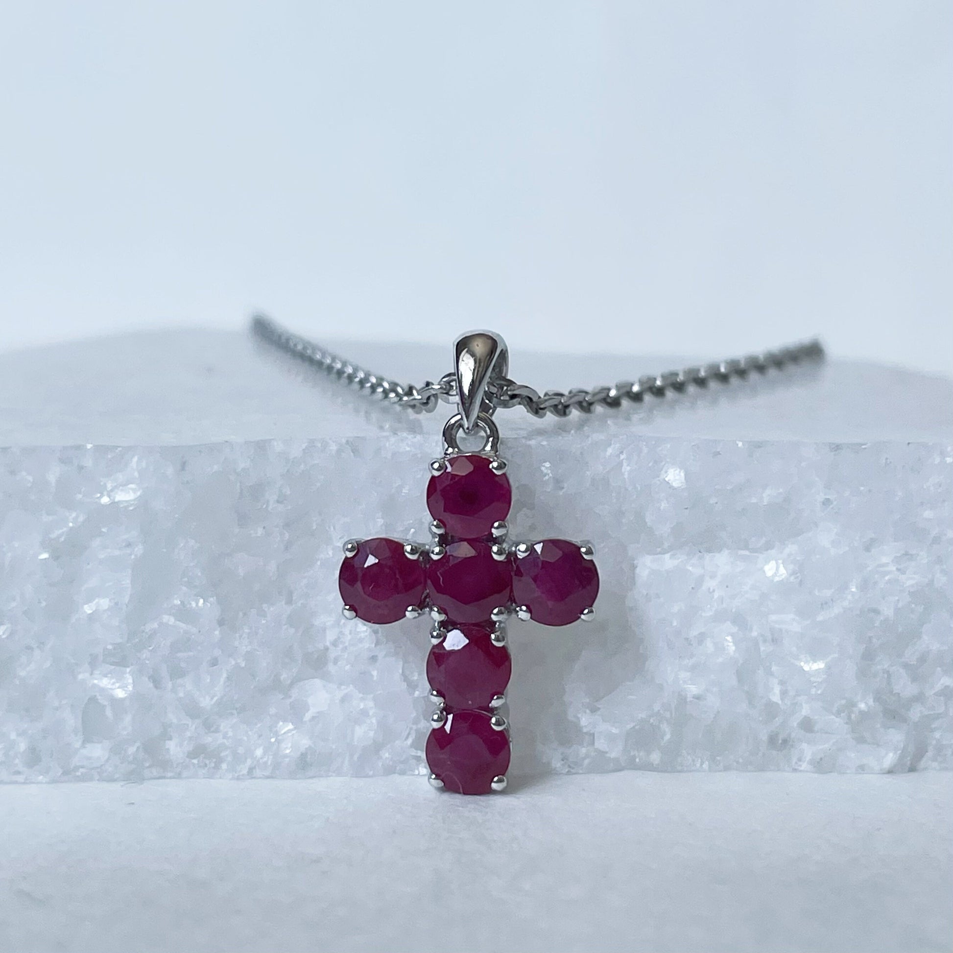 14K Solid Gold Genuine Round Ruby Cross Pendant