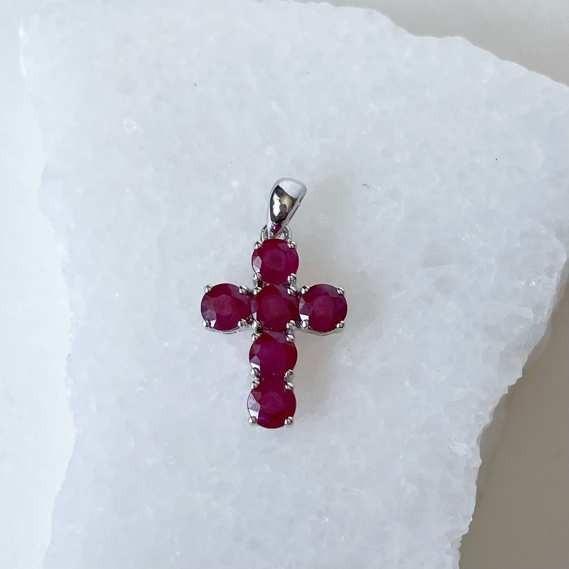 14K Solid Gold Genuine Round Ruby Cross Pendant