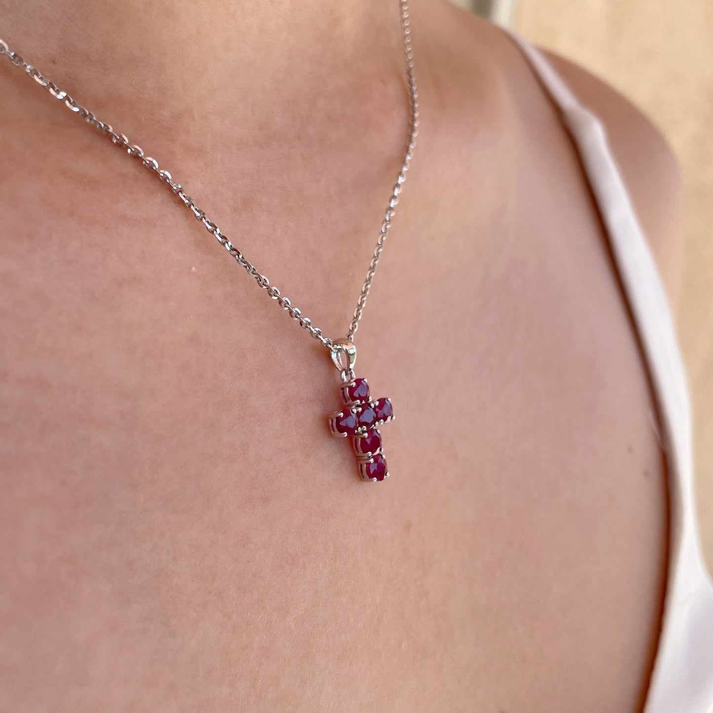 14K Solid Gold Genuine Round Ruby Cross Pendant