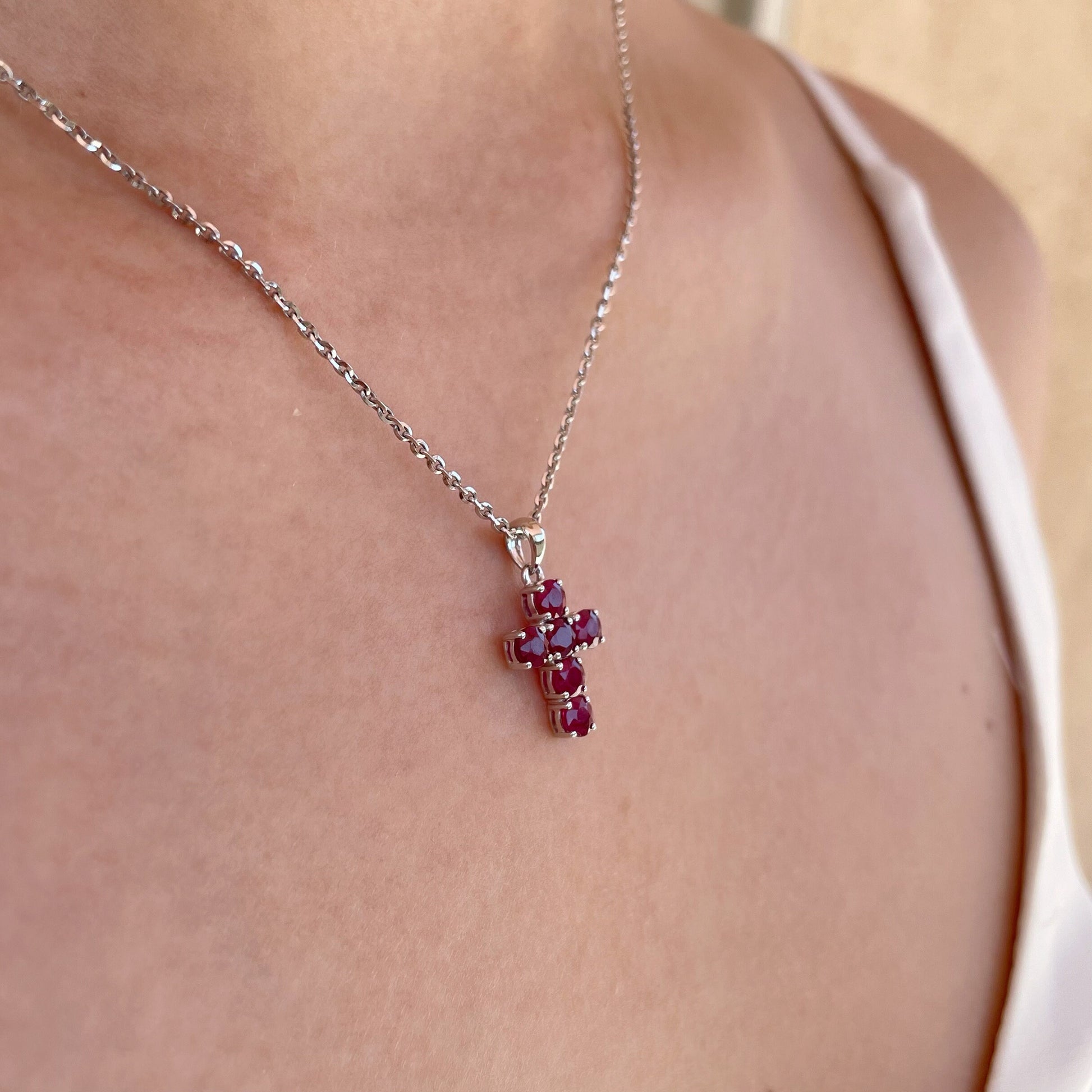 14K Solid Gold Genuine Round Ruby Cross Pendant