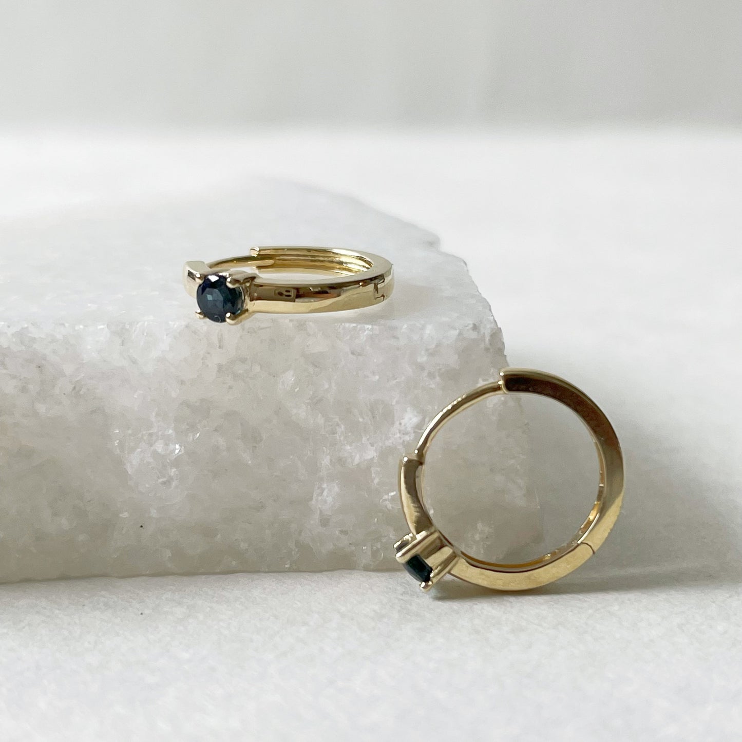 14K Solid Gold Genuine Sapphire Hoops/Pair