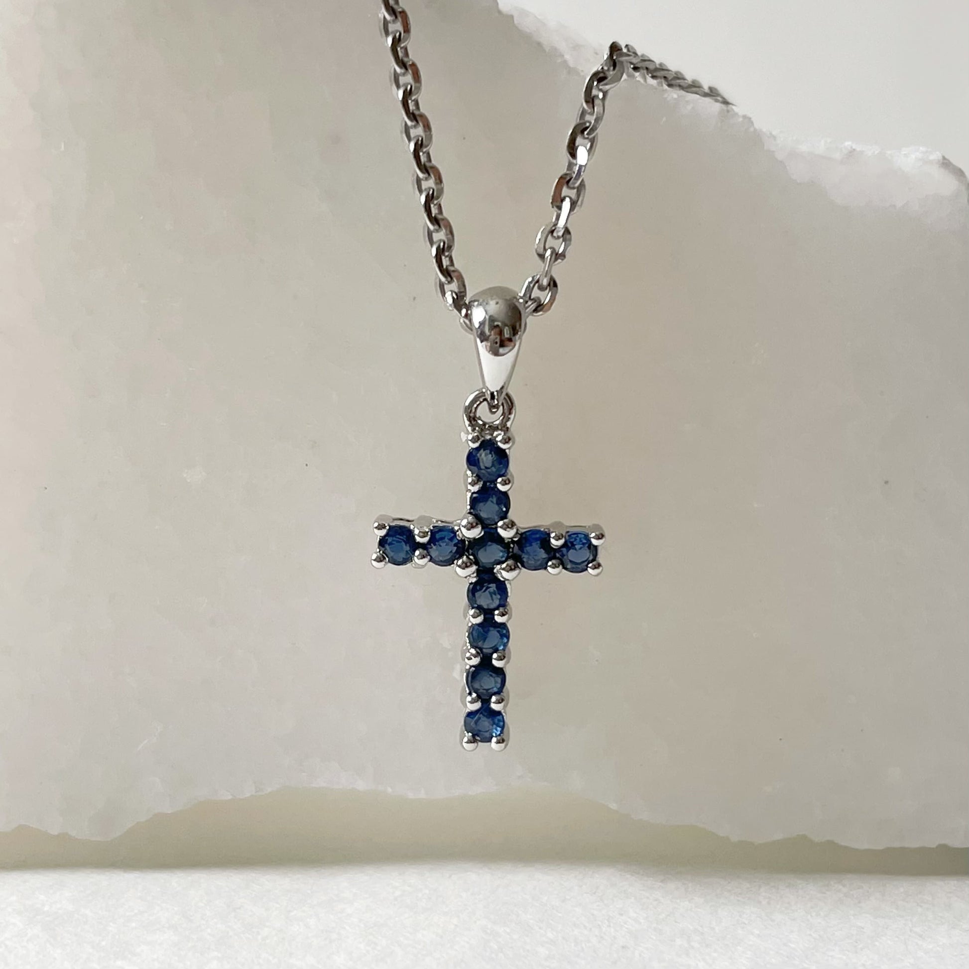 14K Solid Gold Genuine Sapphire Cross Pendant