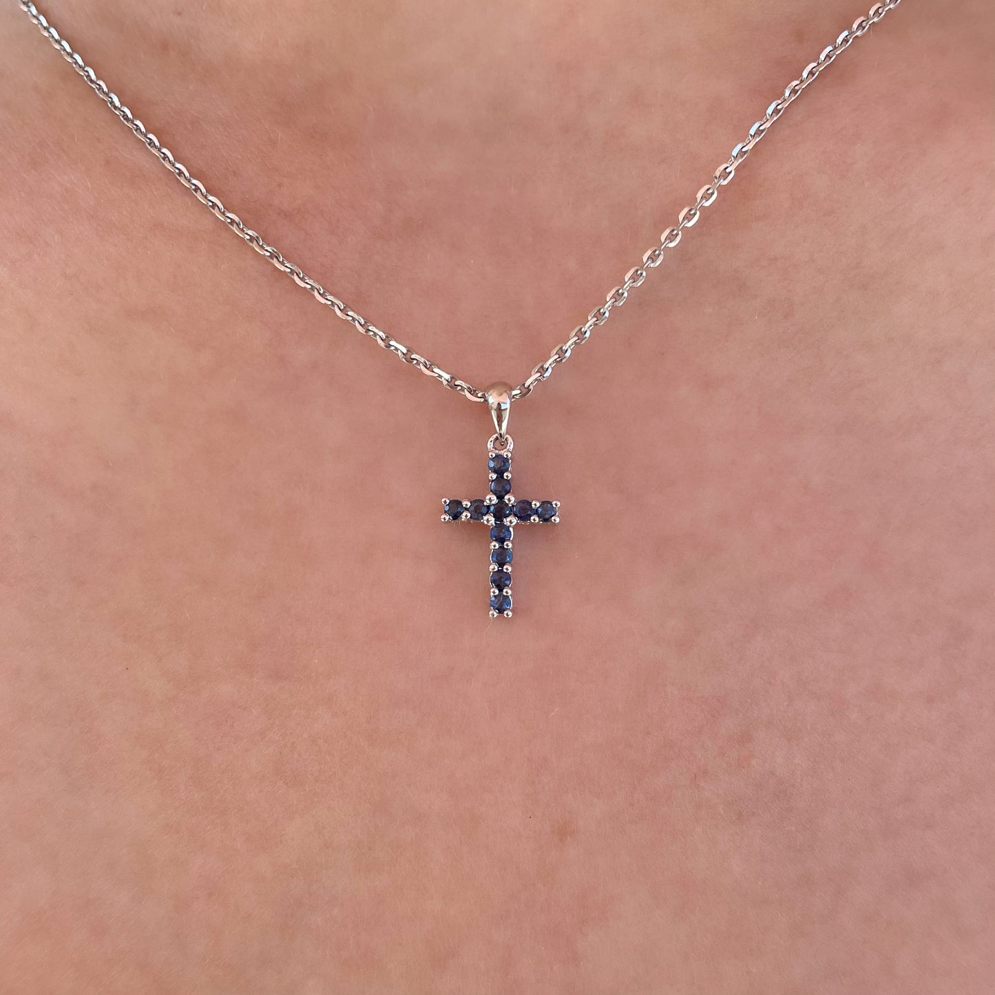 14K Solid Gold Genuine Sapphire Cross Pendant