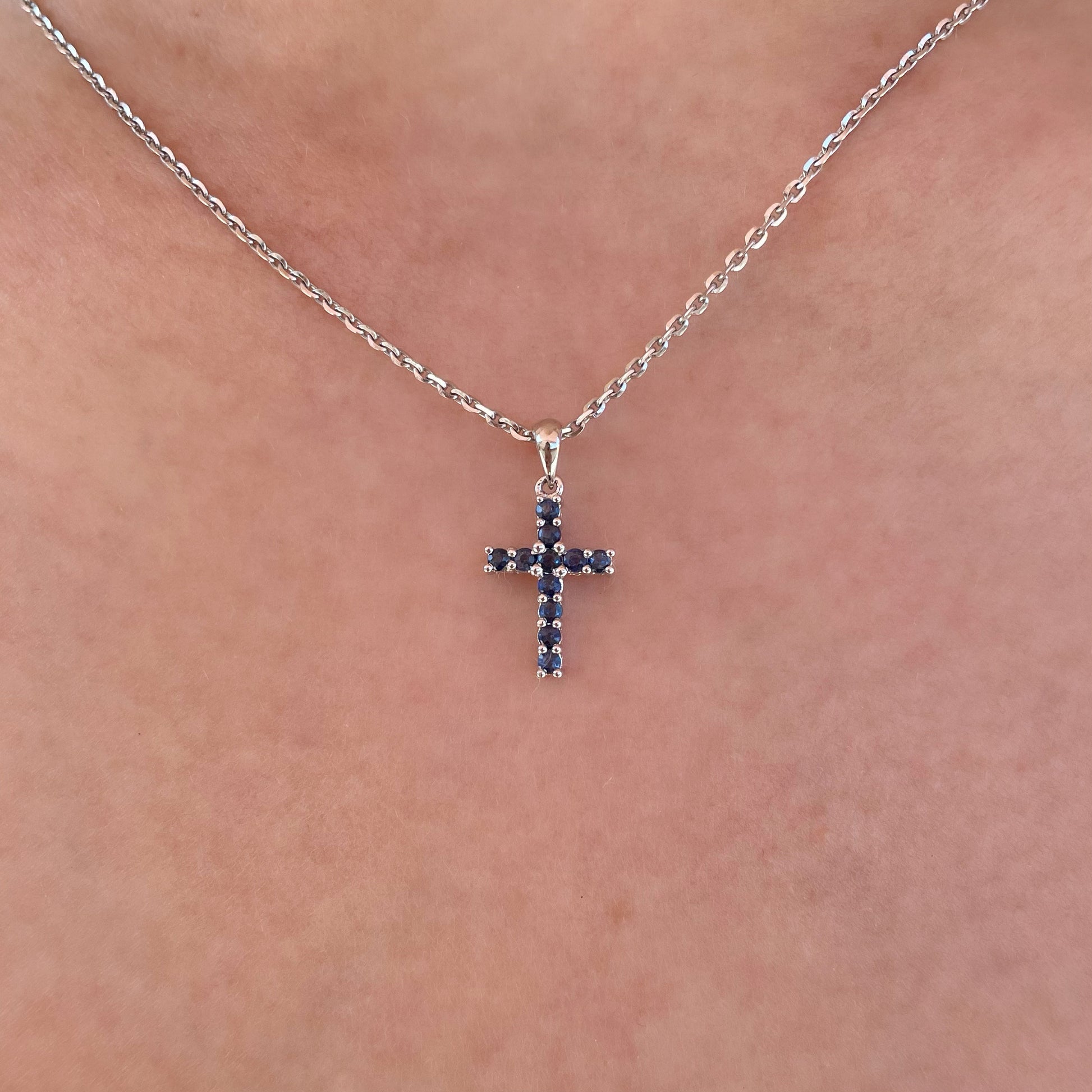14K Solid Gold Genuine Sapphire Cross Pendant