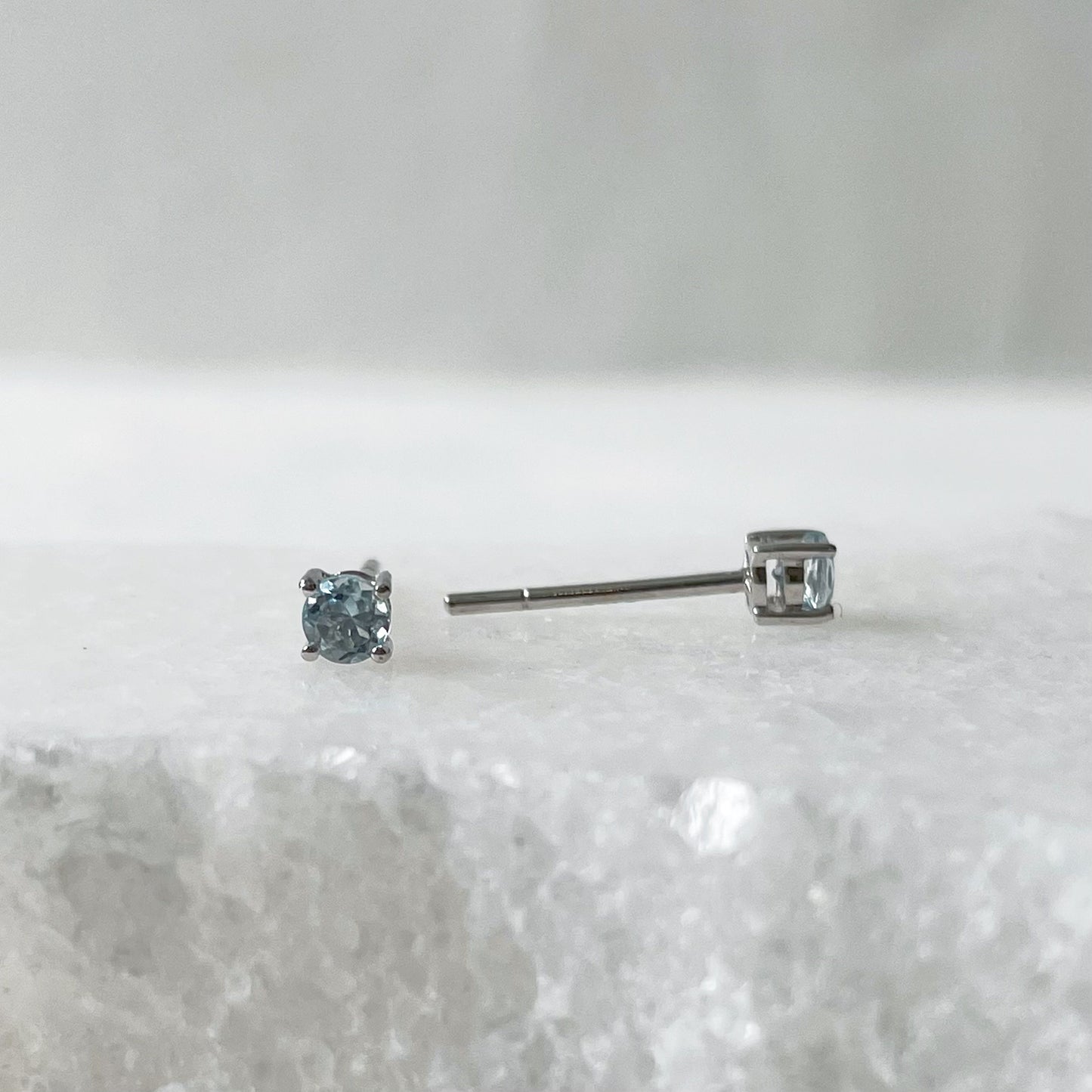 14K Solid Gold 3mm Genuine Aquamarine Studs/Pair