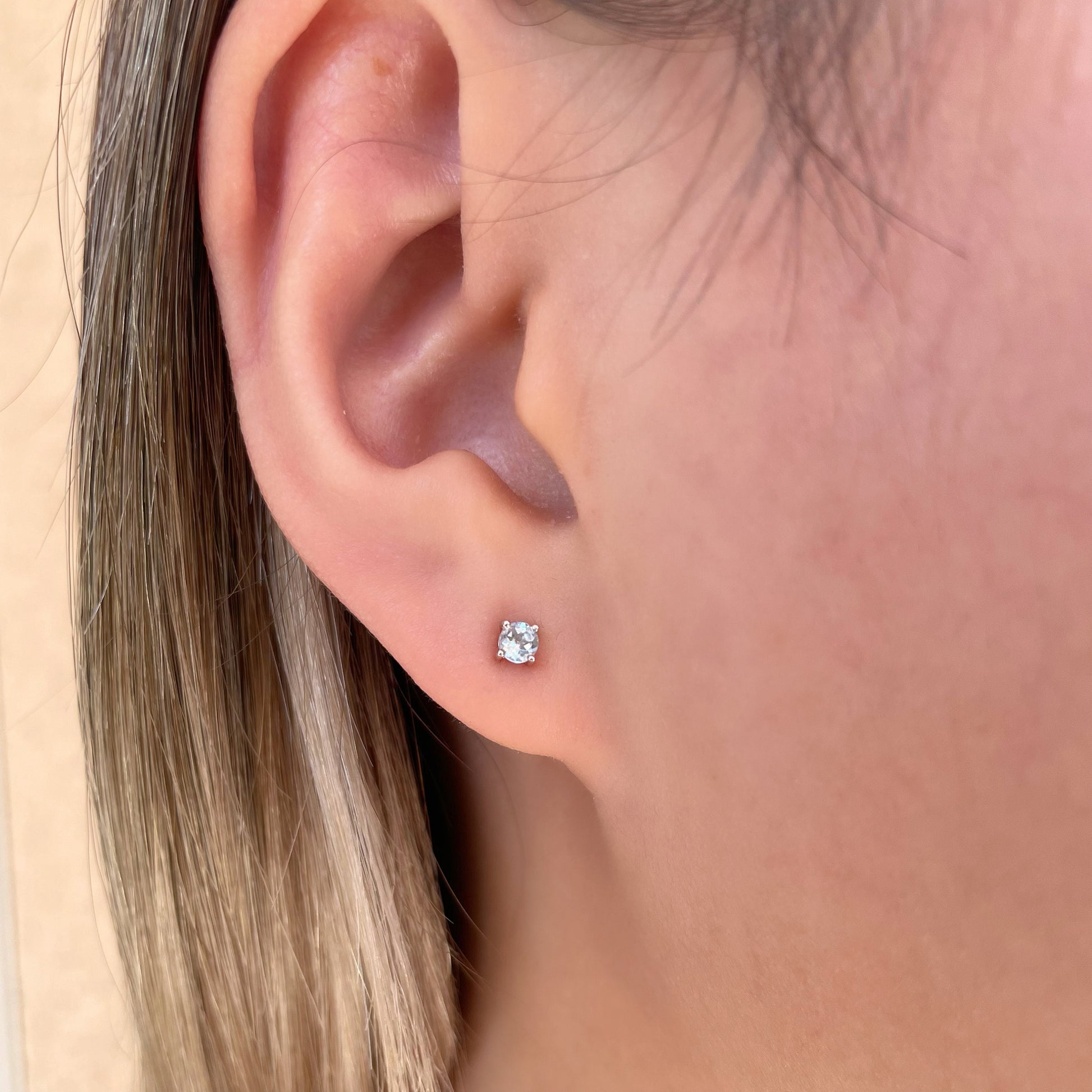 14K Solid Gold 3mm Genuine Aquamarine Studs/Pair