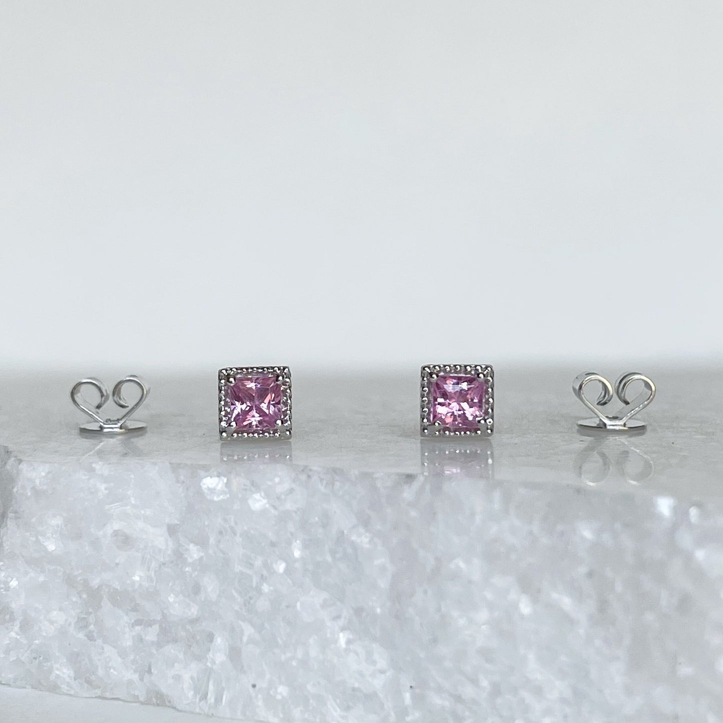 14K Solid Gold Genuine Pink Sapphire Square Studs/Pair