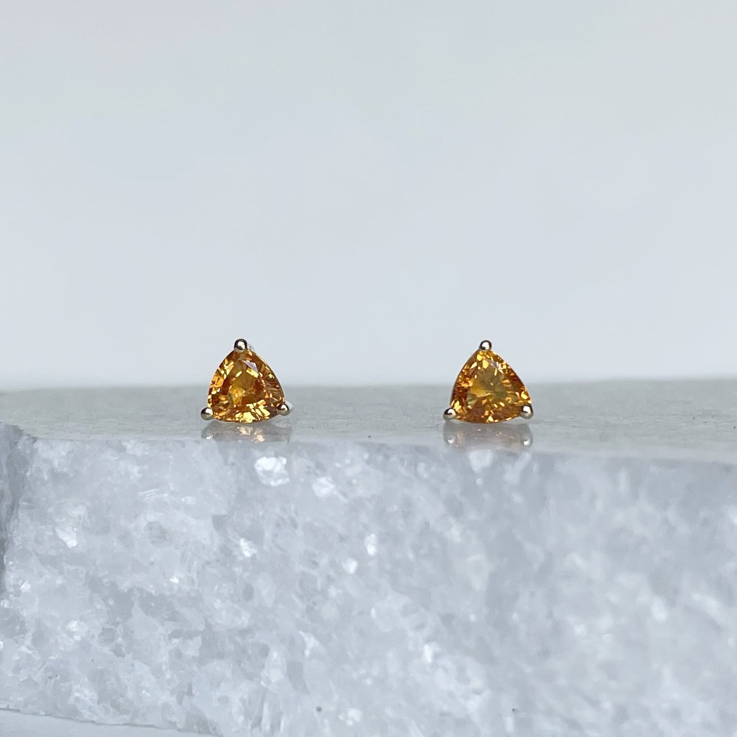 18K Solid White Gold Genuine Orange Sapphire Triangle Studs/Pair