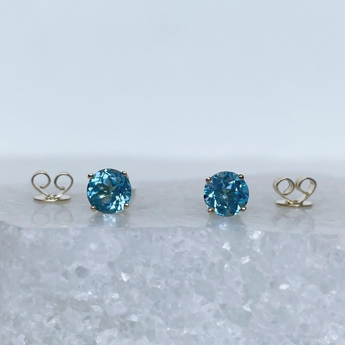 14K Solid Gold Genuine 4.7mm Blue Topaz Round Studs/Pair
