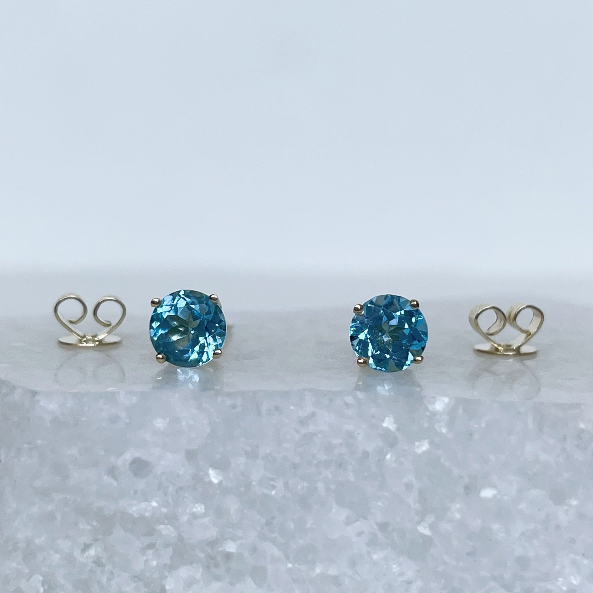 14K Solid Gold Genuine 4.7mm Blue Topaz Round Studs/Pair