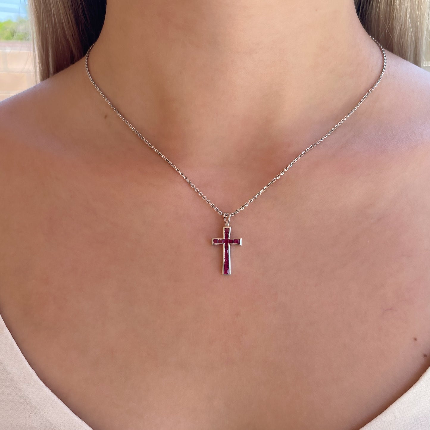 14K Solid Gold Genuine Ruby Cross Pendant