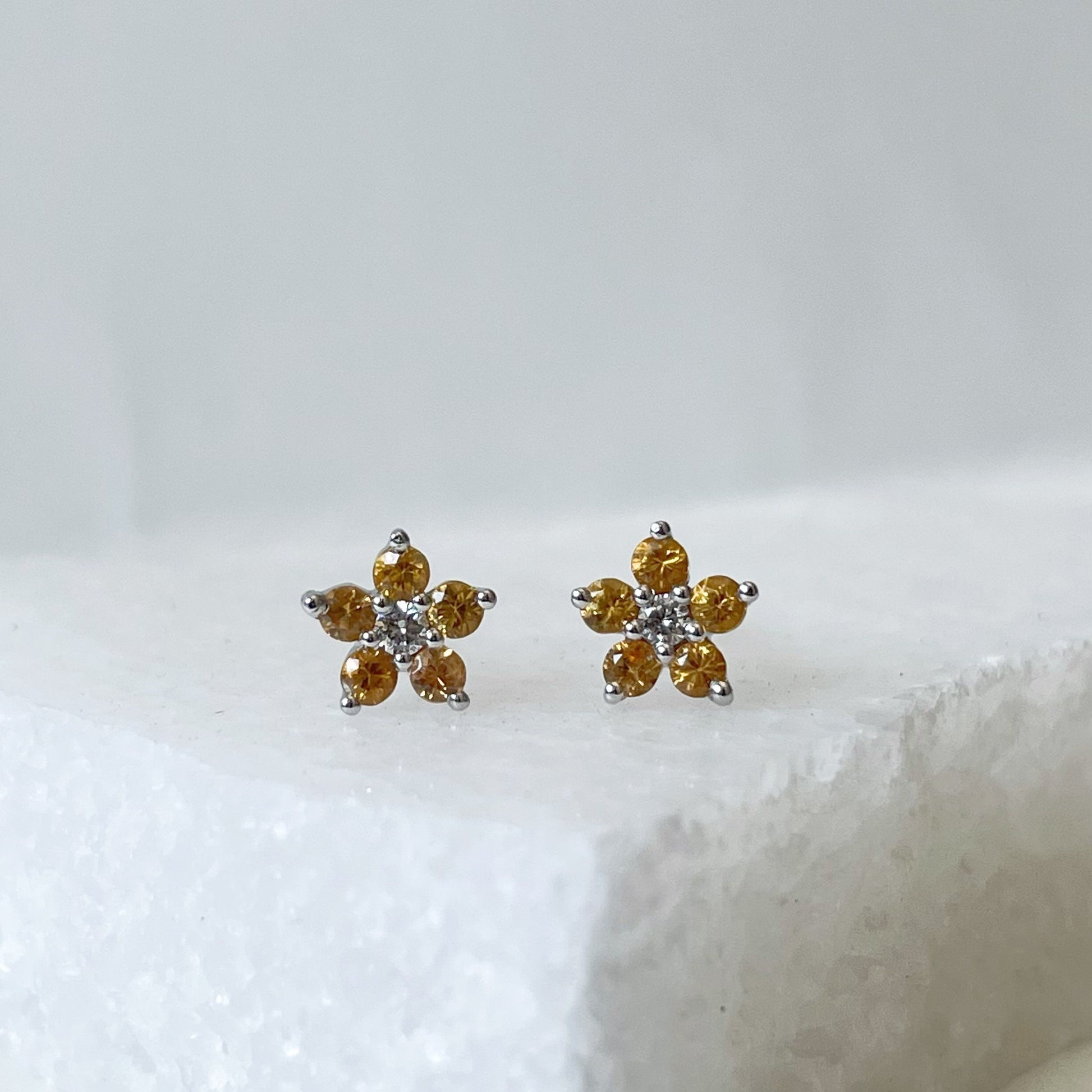 14K Solid Gold Genuine Orange Sapphire Flower Studs