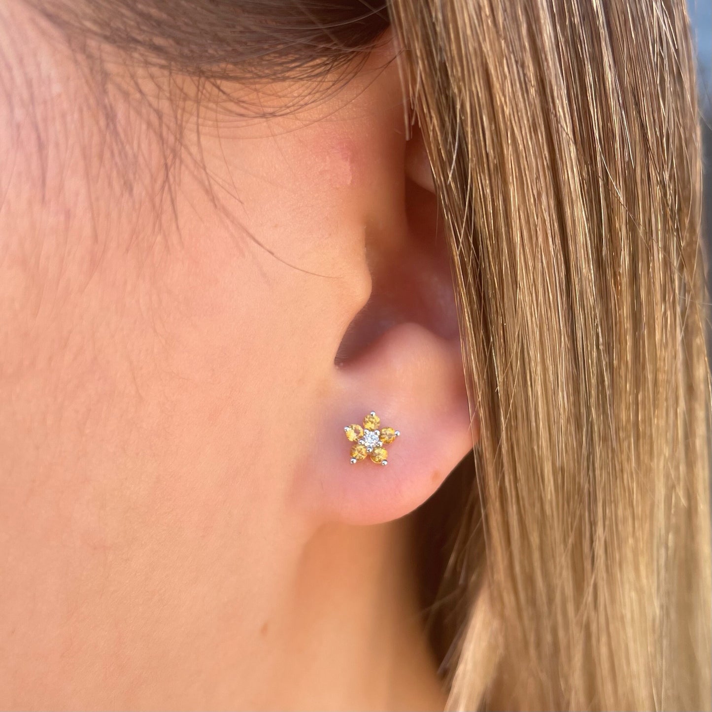 14K Solid Gold Genuine Orange Sapphire Flower Studs