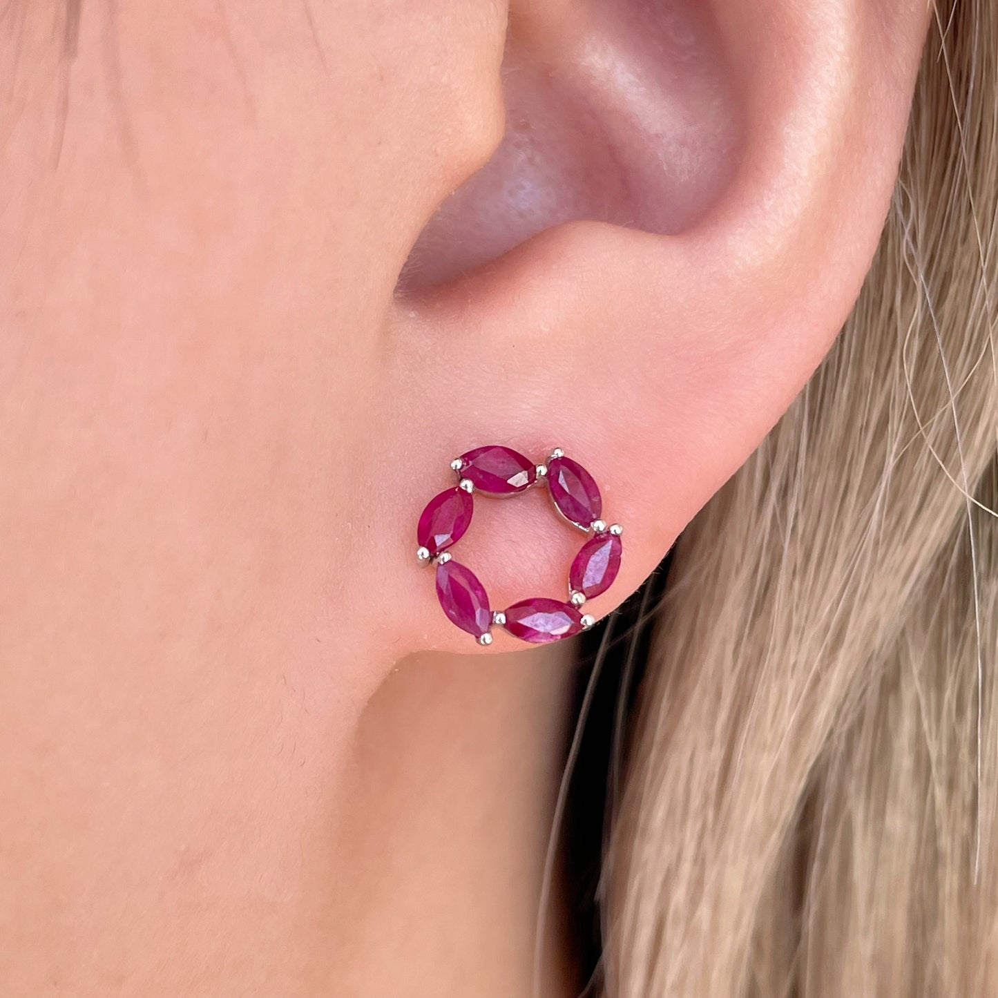 14K Solid Gold Genuine Ruby Circle Earrings/Pair