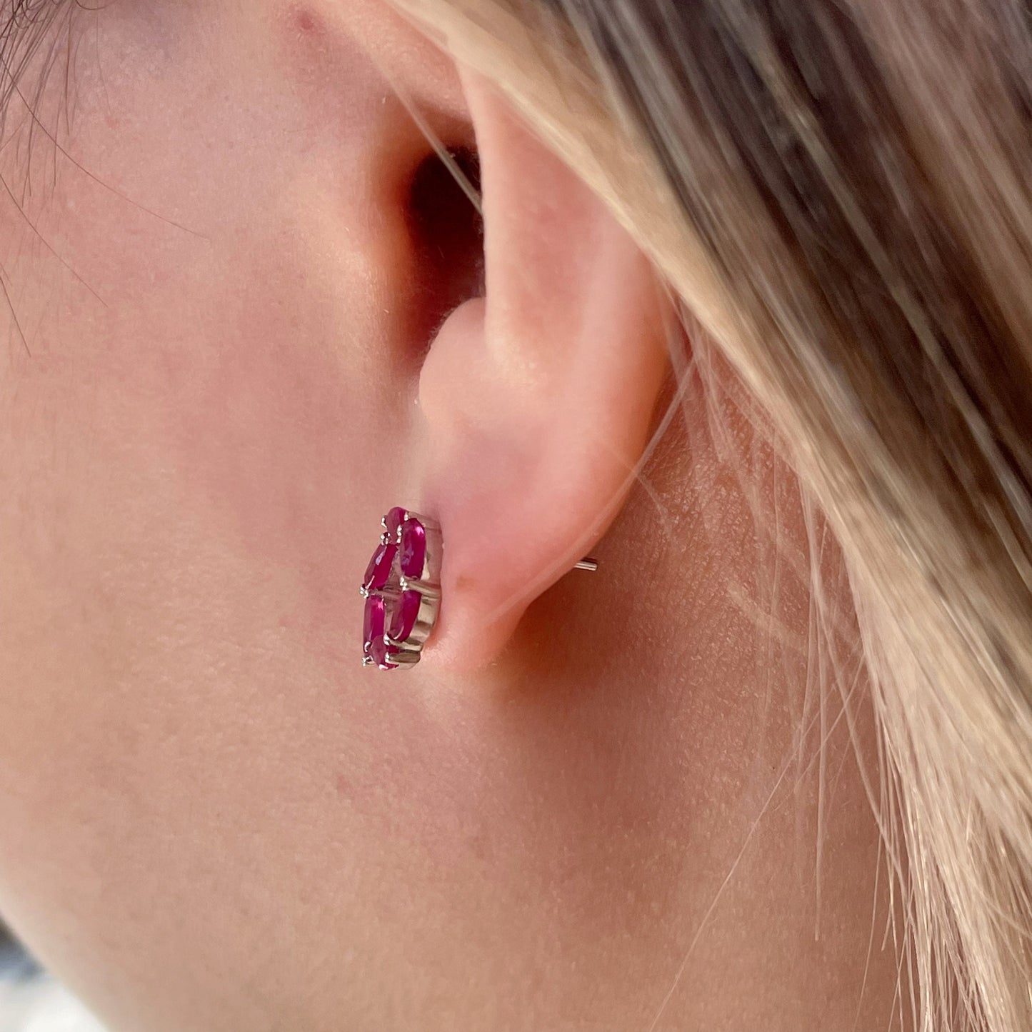 14K Solid Gold Genuine Ruby Circle Earrings/Pair