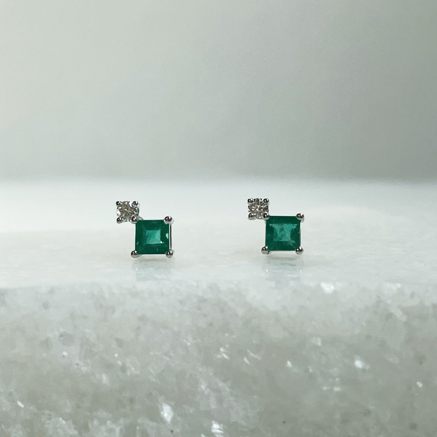 14K Solid Gold Genuine Diamond and Emerald Stacked Studs/Pair