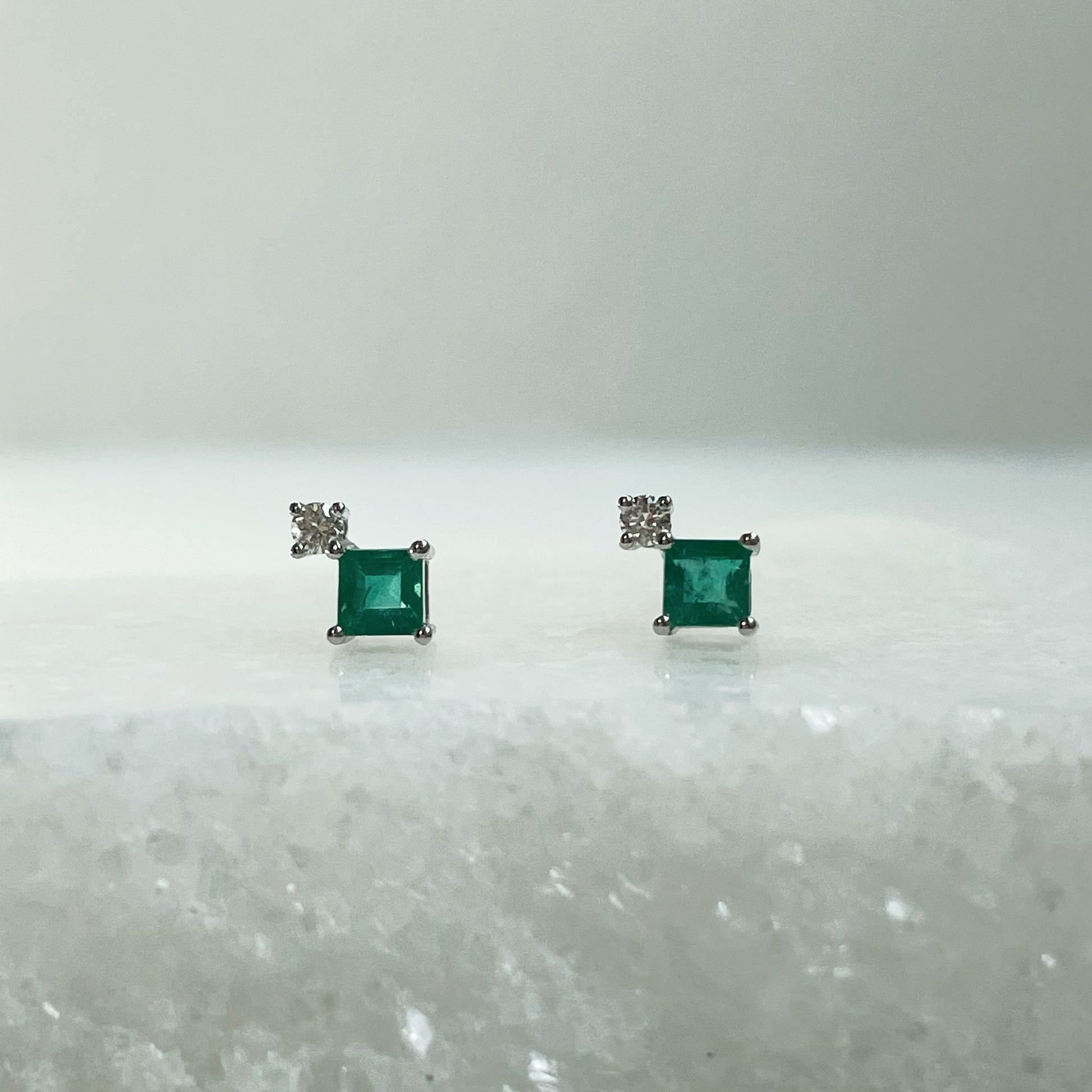 14K Solid Gold Genuine Diamond and Emerald Stacked Studs/Pair