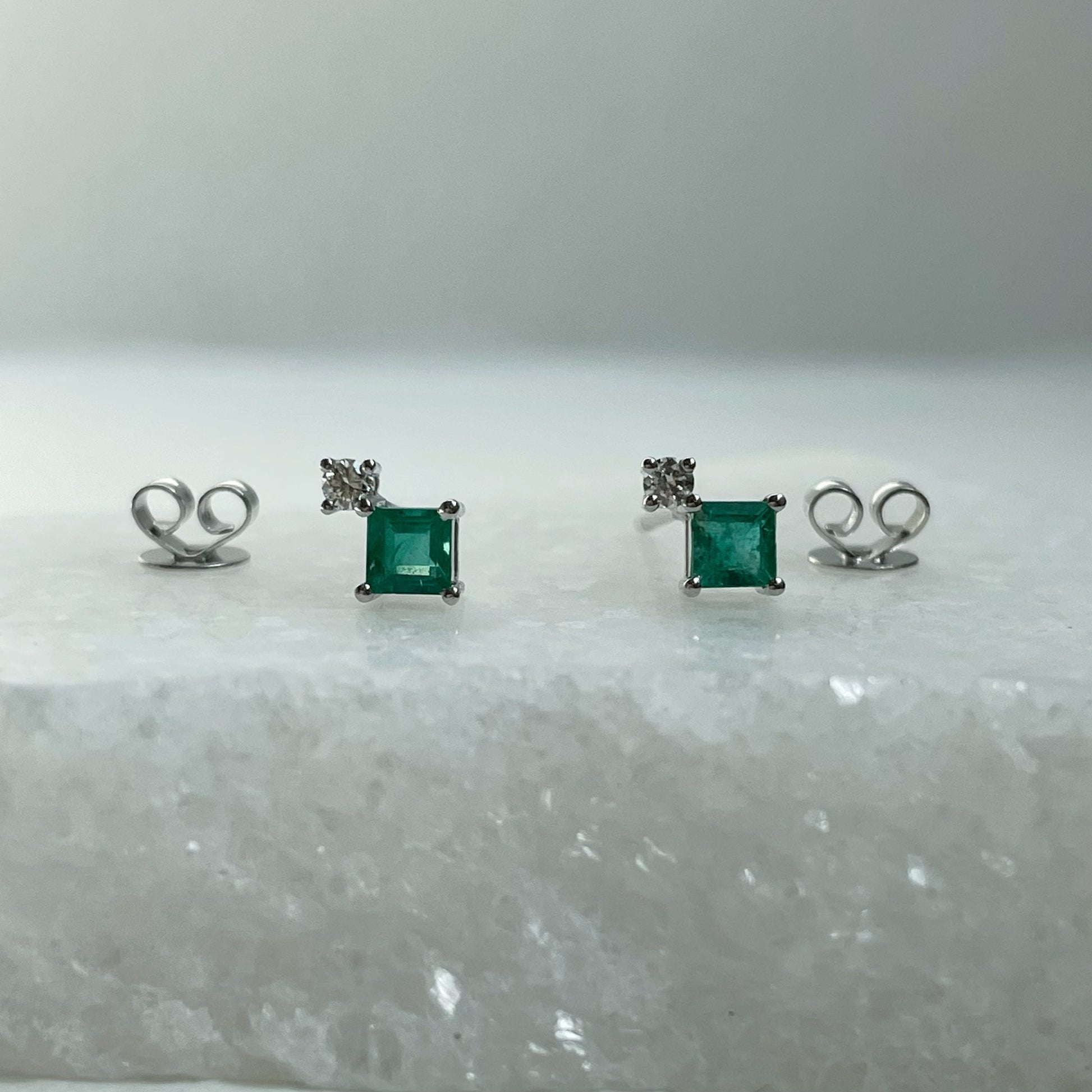 14K Solid Gold Genuine Diamond and Emerald Stacked Studs/Pair
