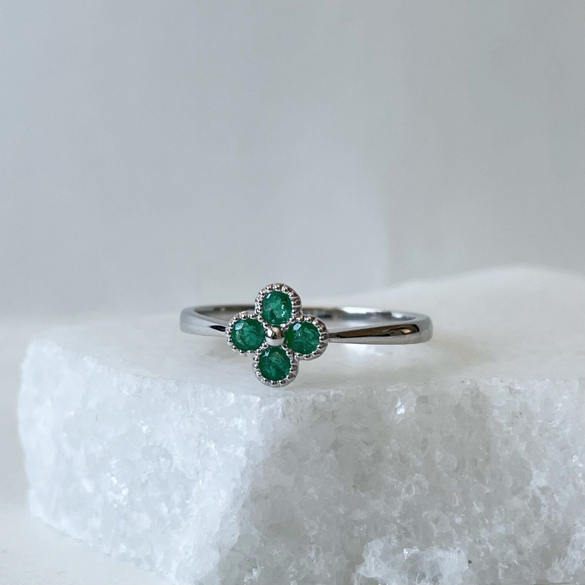 14K Solid Gold Genuine Emerald Clover Ring