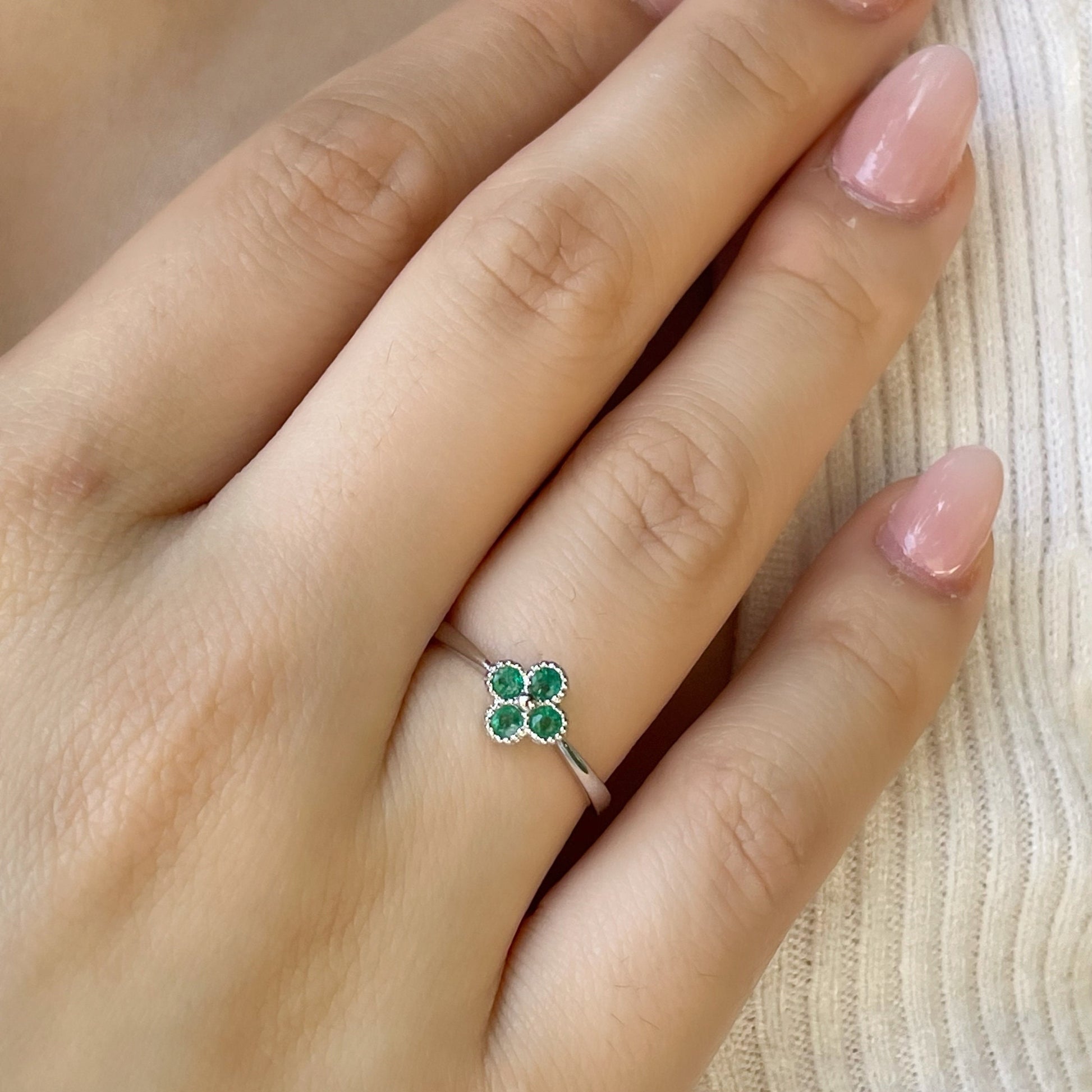 14K Solid Gold Genuine Emerald Clover Ring