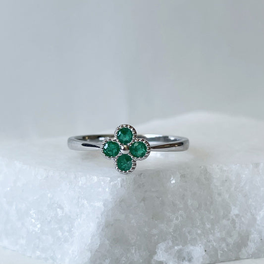 14K Solid Gold Genuine Emerald Clover Ring