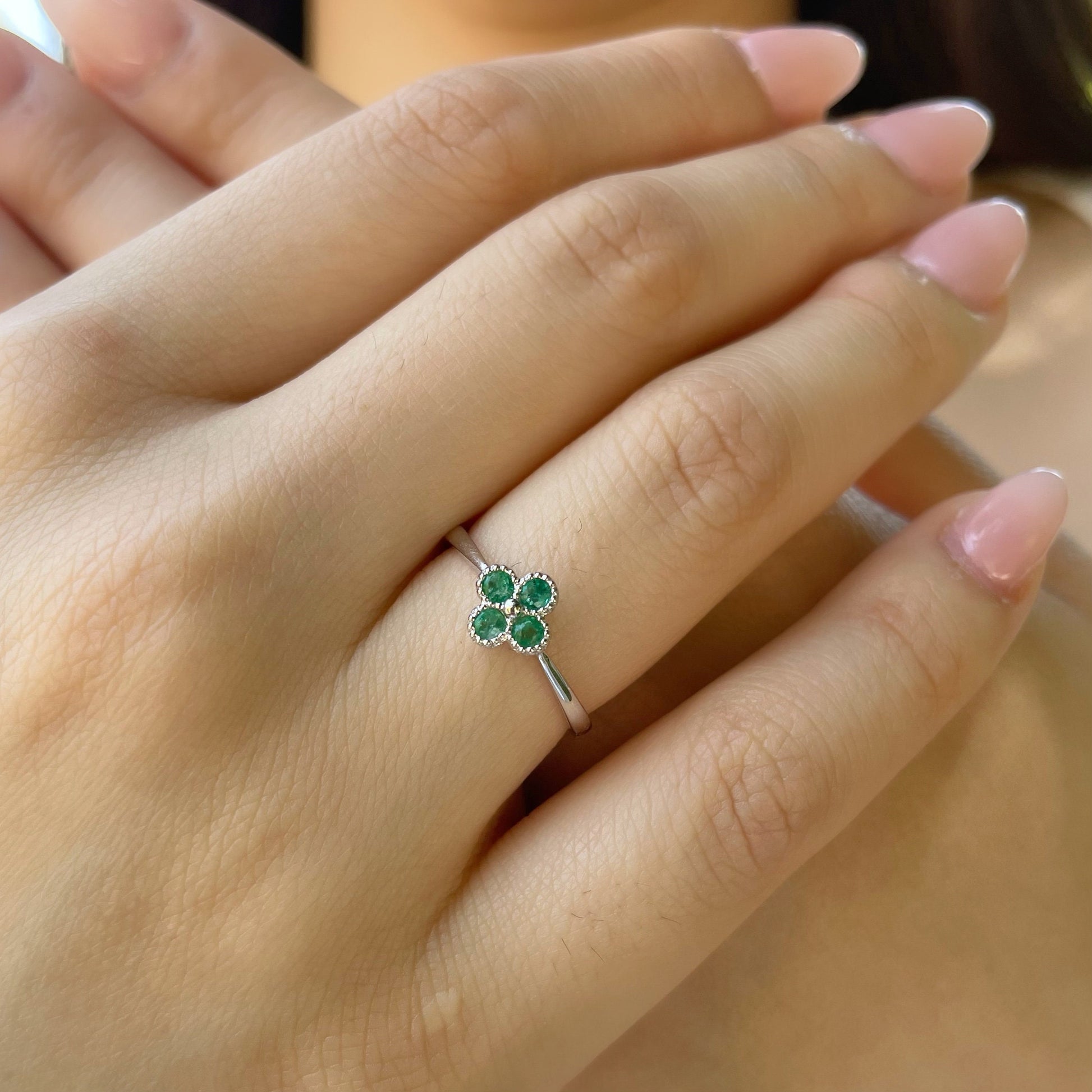 14K Solid Gold Genuine Emerald Clover Ring