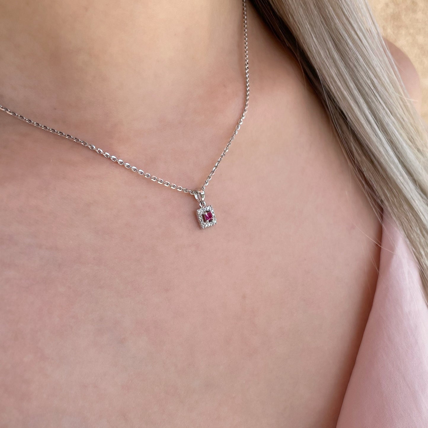 14K Solid Gold Genuine Ruby and Diamond Square Pendant