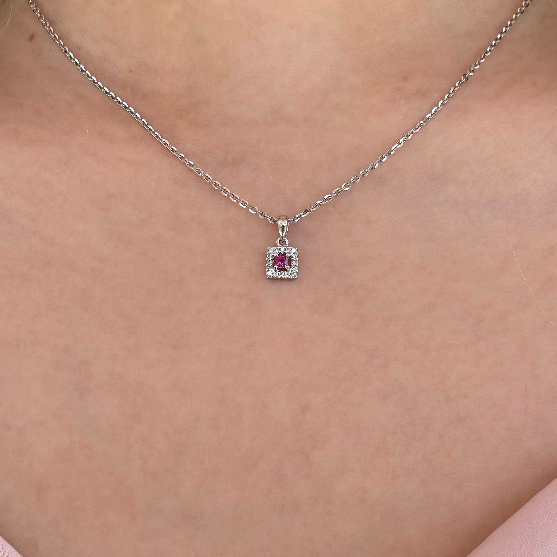 14K Solid Gold Genuine Ruby and Diamond Square Pendant