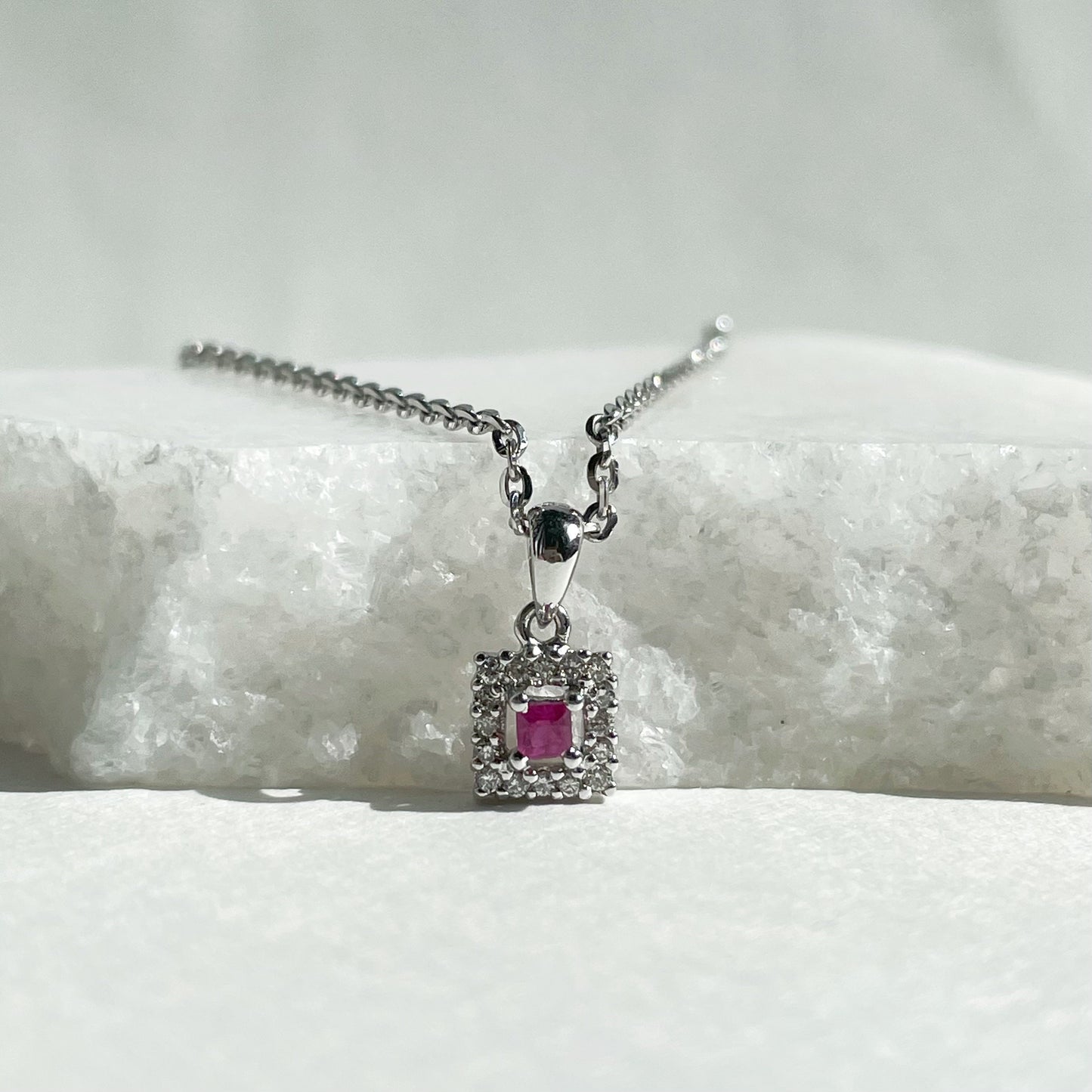 14K Solid Gold Genuine Ruby and Diamond Square Pendant