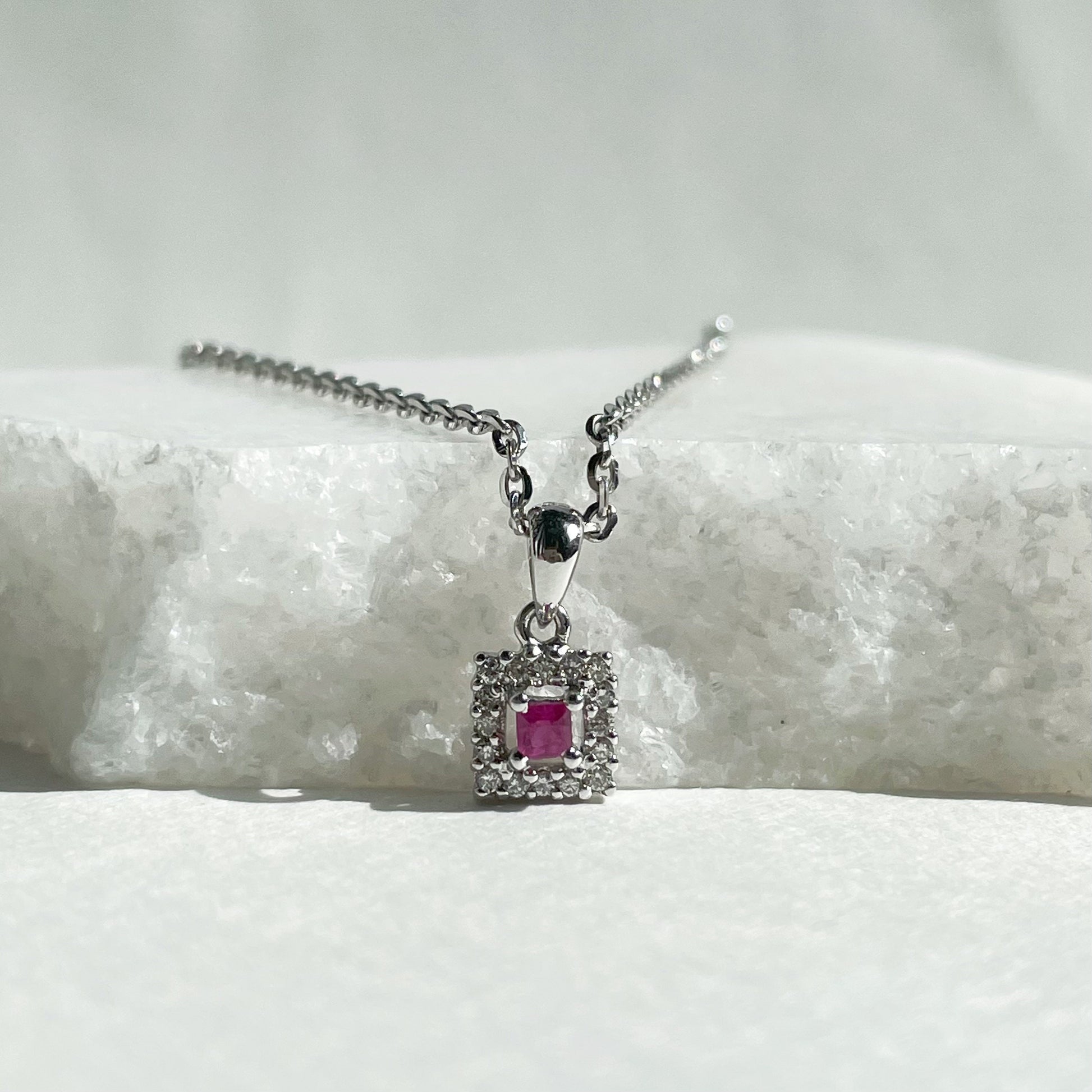 14K Solid Gold Genuine Ruby and Diamond Square Pendant