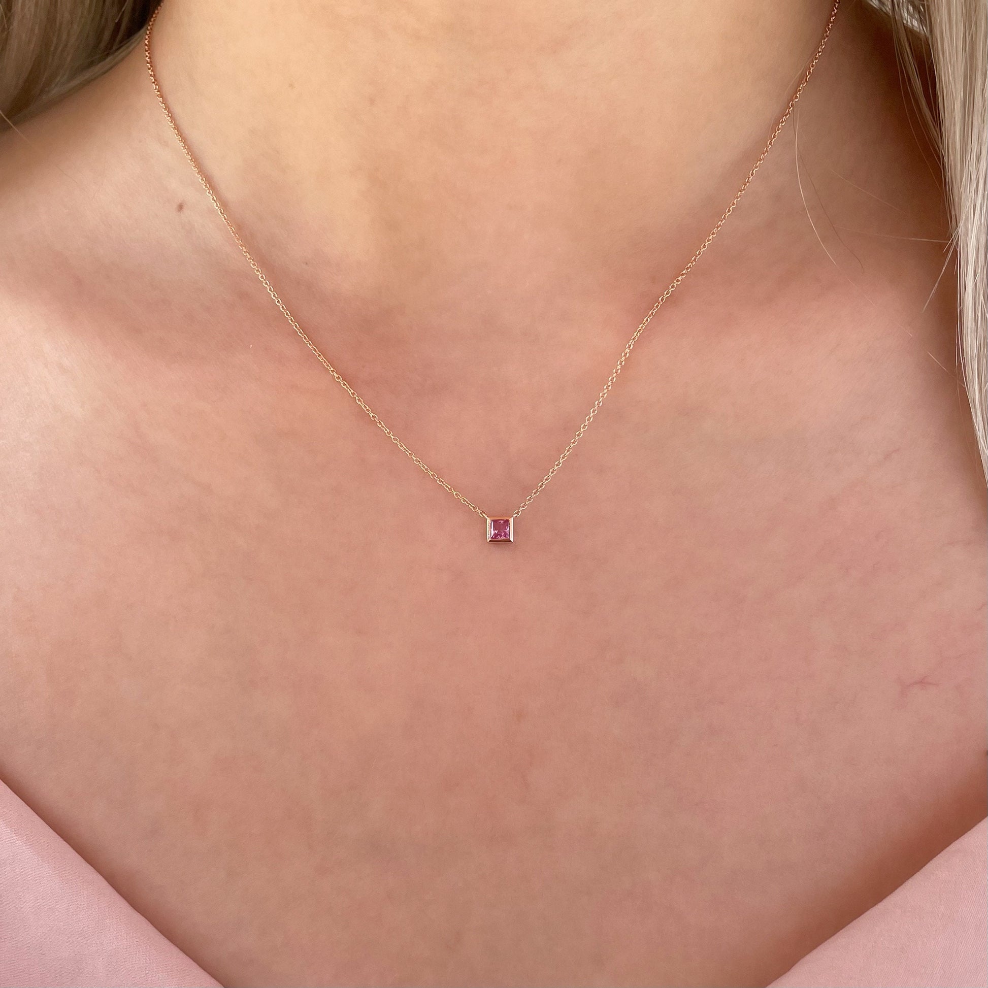 14K Solid Gold Genuine Pink Sapphire Square Necklace