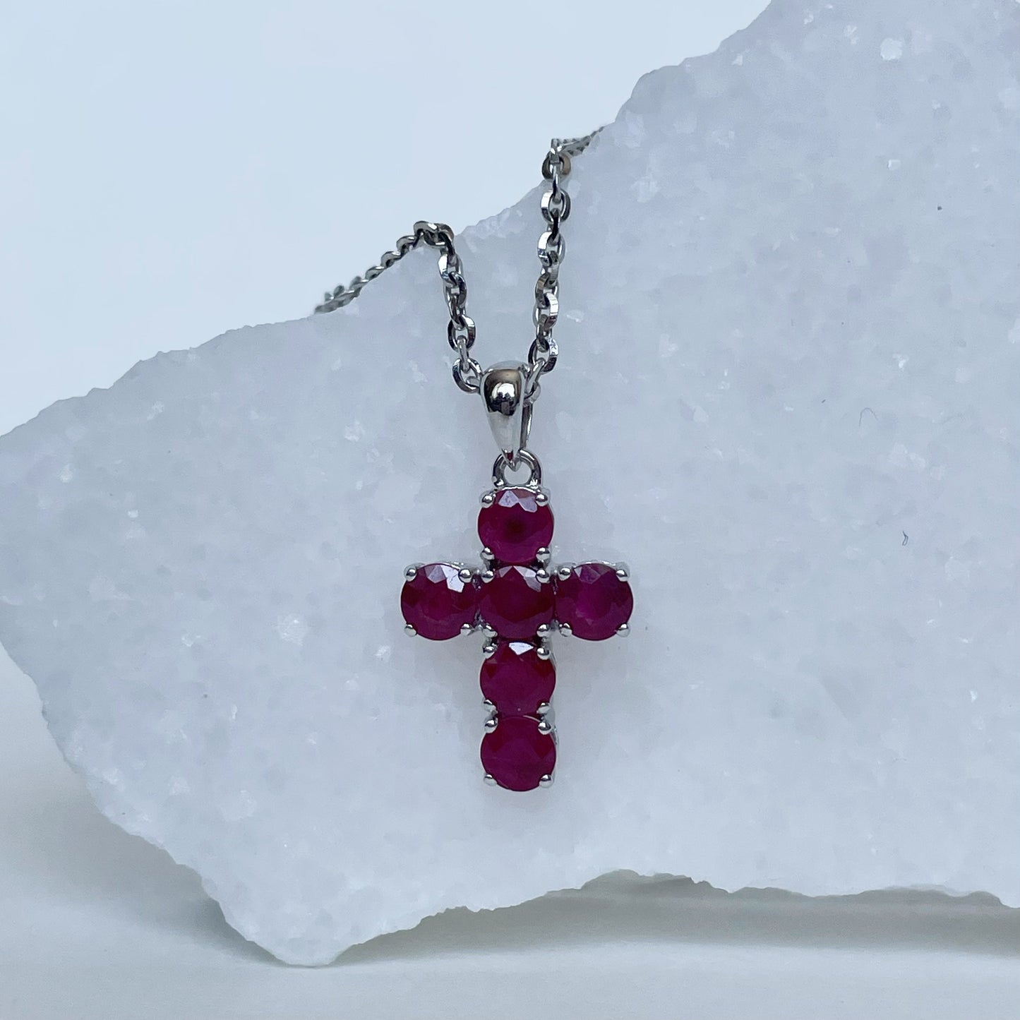 14K Solid Gold Genuine Round Ruby Cross Pendant