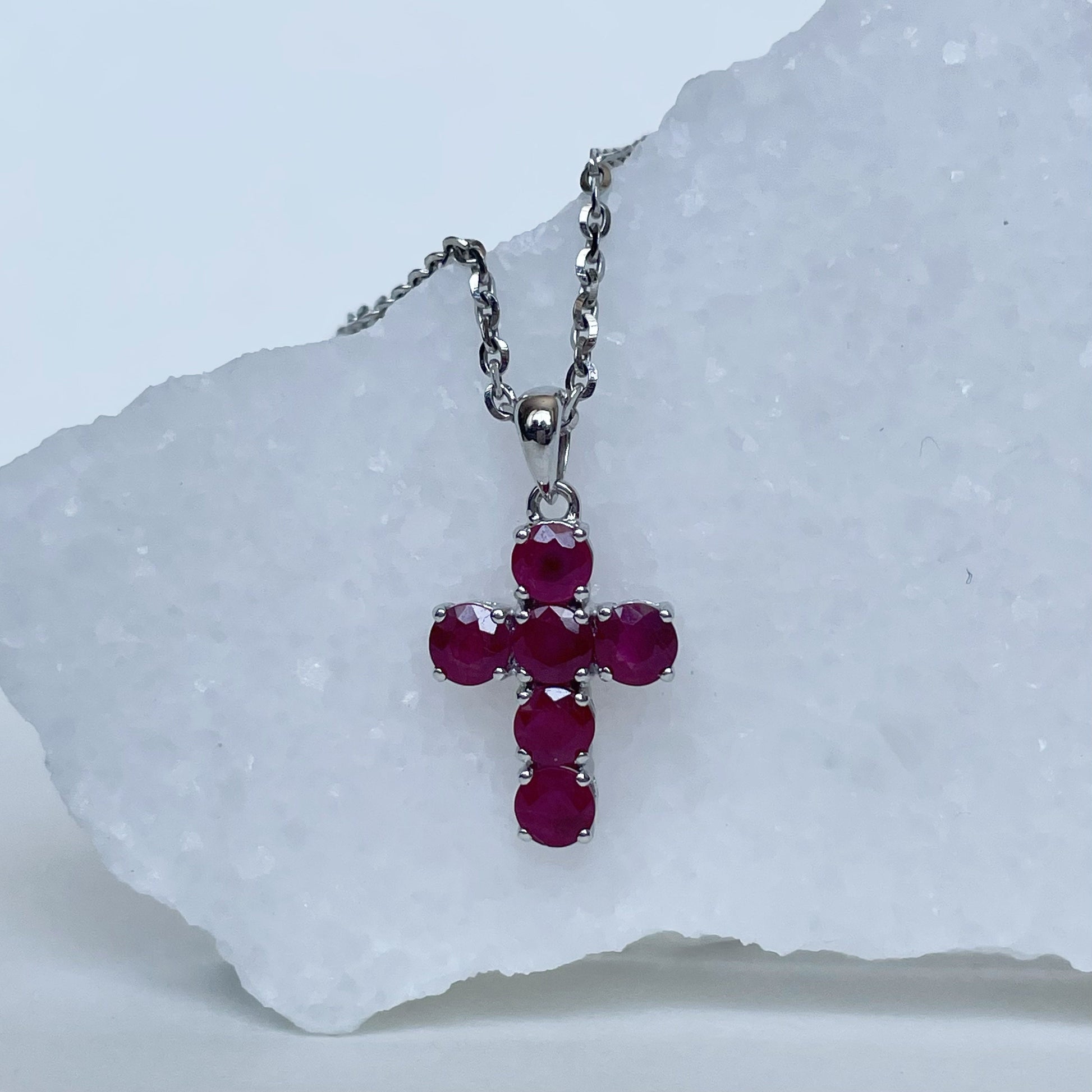 14K Solid Gold Genuine Round Ruby Cross Pendant