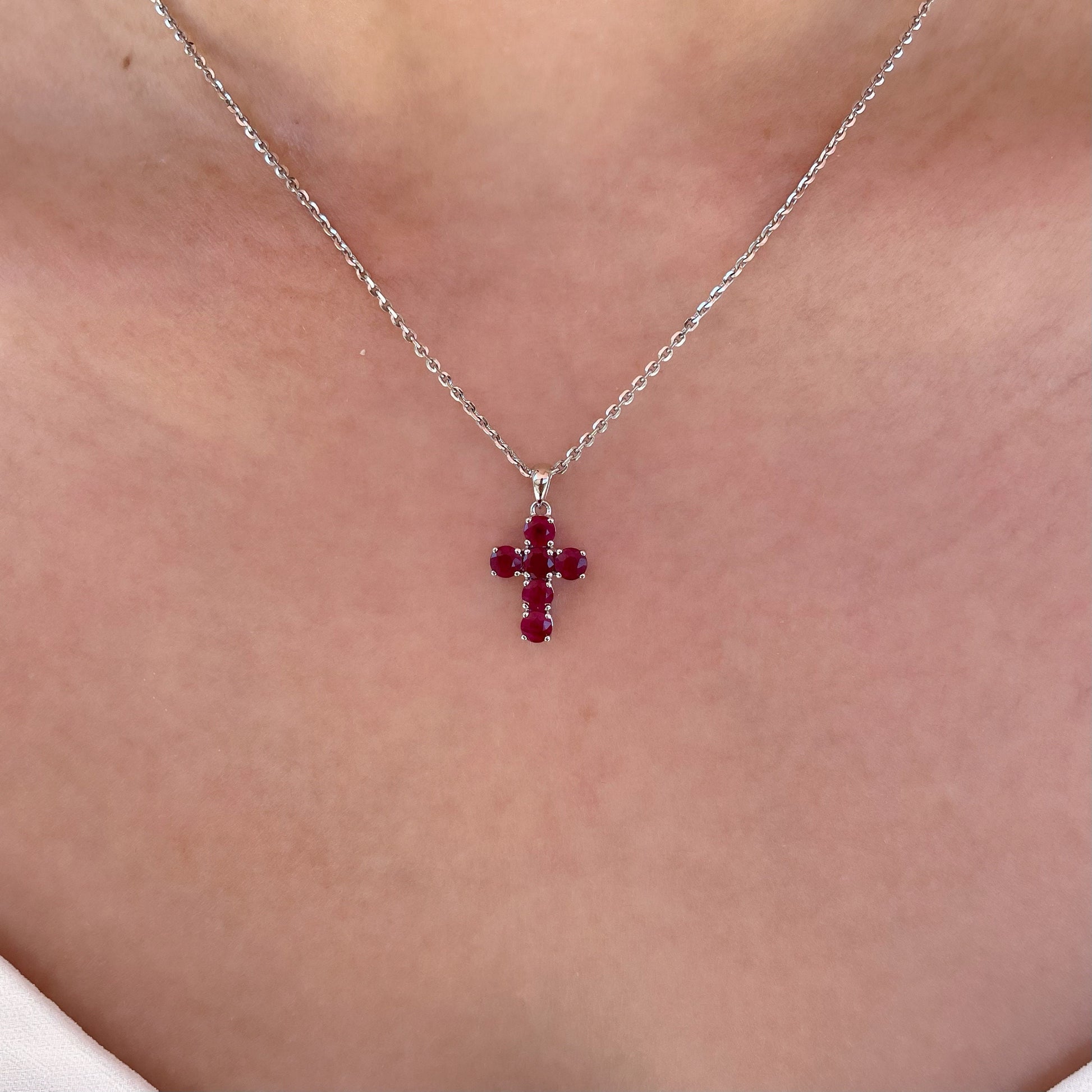 14K Solid Gold Genuine Round Ruby Cross Pendant