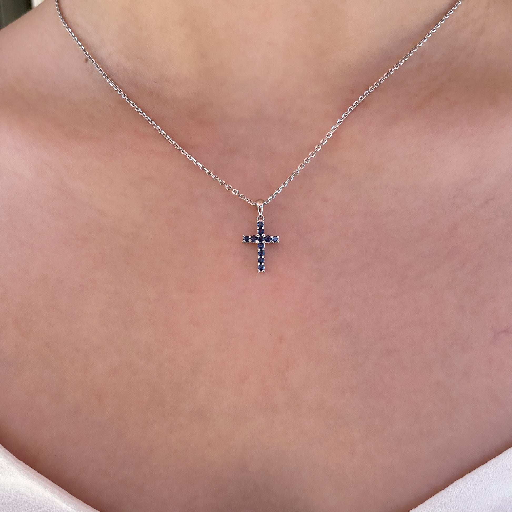 14K Solid Gold Genuine Sapphire Cross Pendant