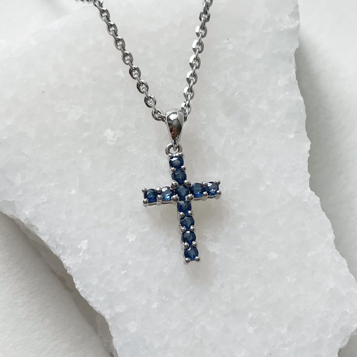 14K Solid Gold Genuine Sapphire Cross Pendant