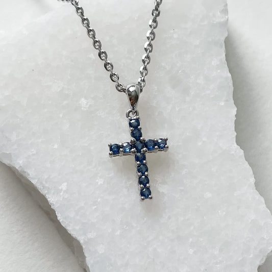 14K Solid Gold Genuine Sapphire Cross Pendant
