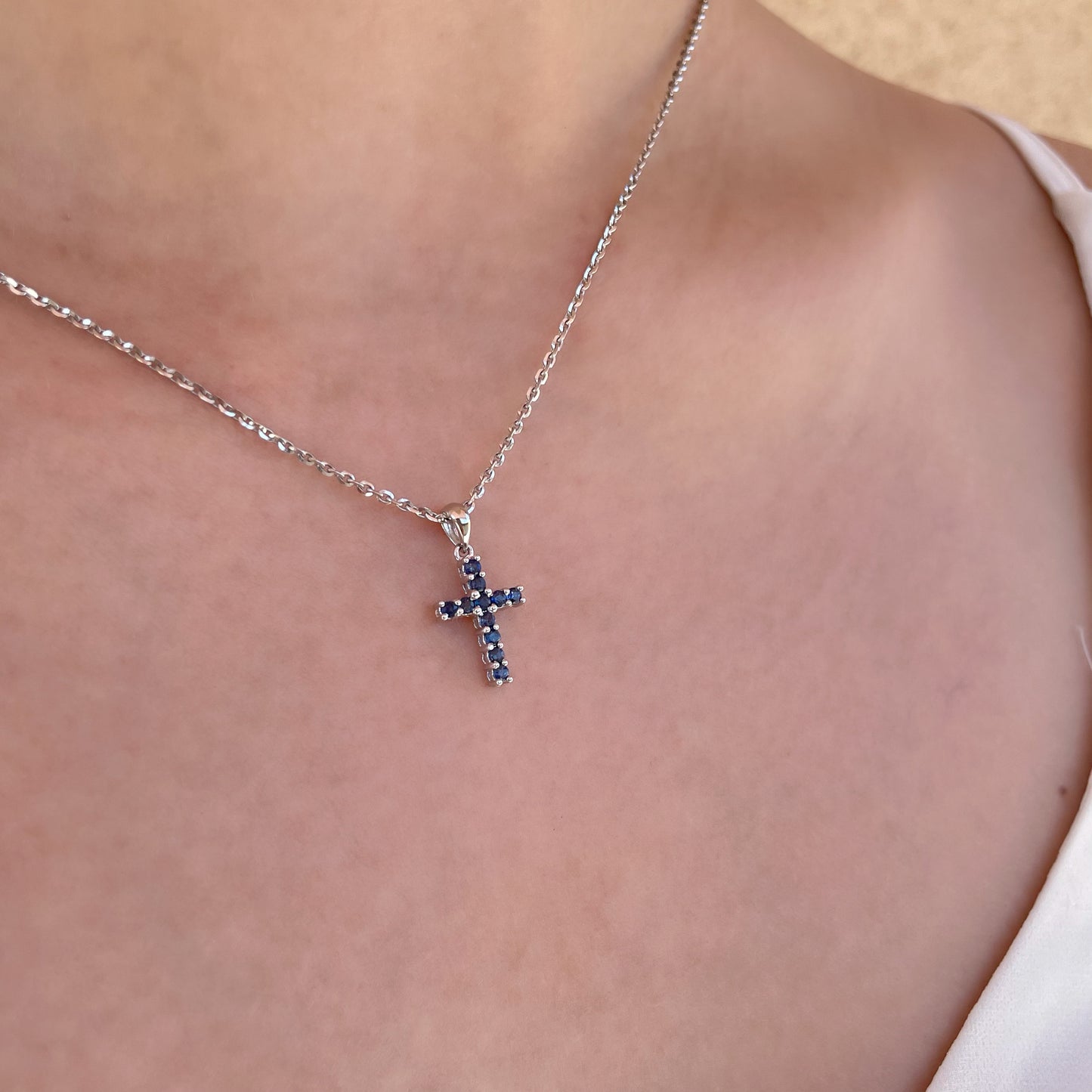 14K Solid Gold Genuine Sapphire Cross Pendant