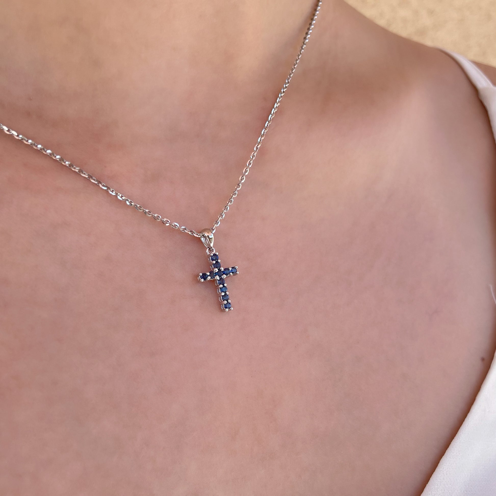 14K Solid Gold Genuine Sapphire Cross Pendant