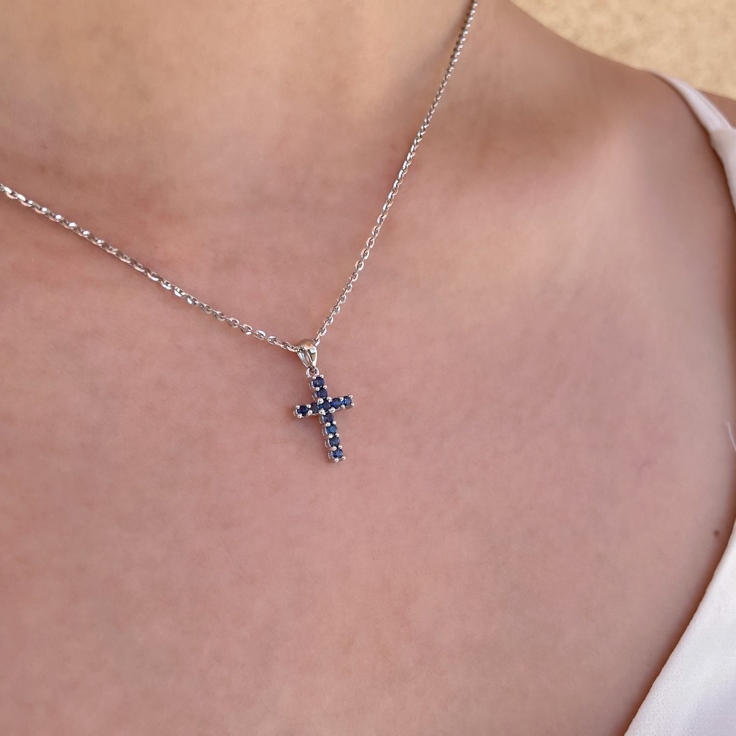 14K Solid Gold Genuine Sapphire Cross Pendant