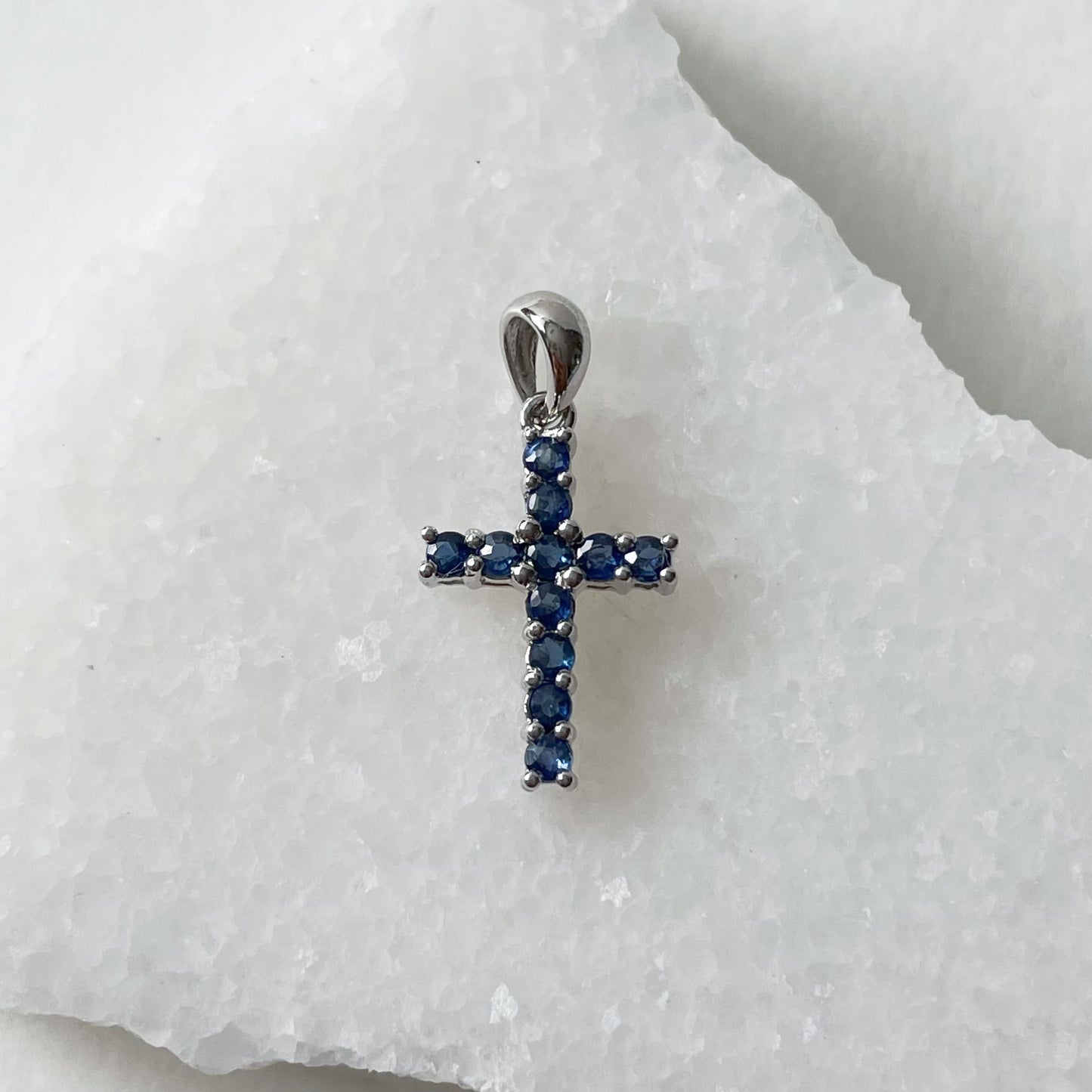 14K Solid Gold Genuine Sapphire Cross Pendant