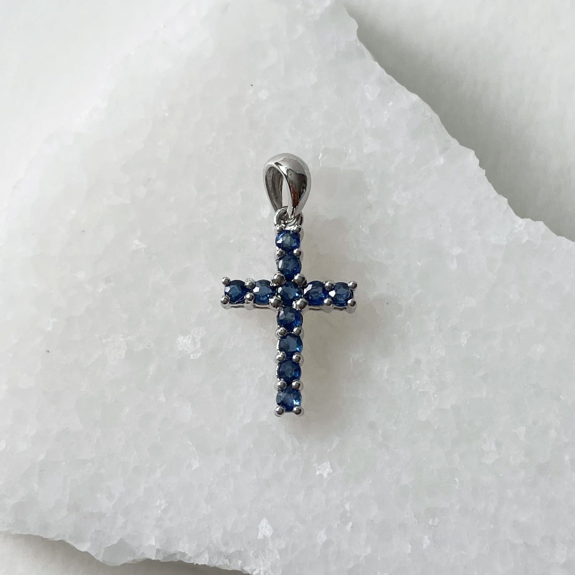 14K Solid Gold Genuine Sapphire Cross Pendant