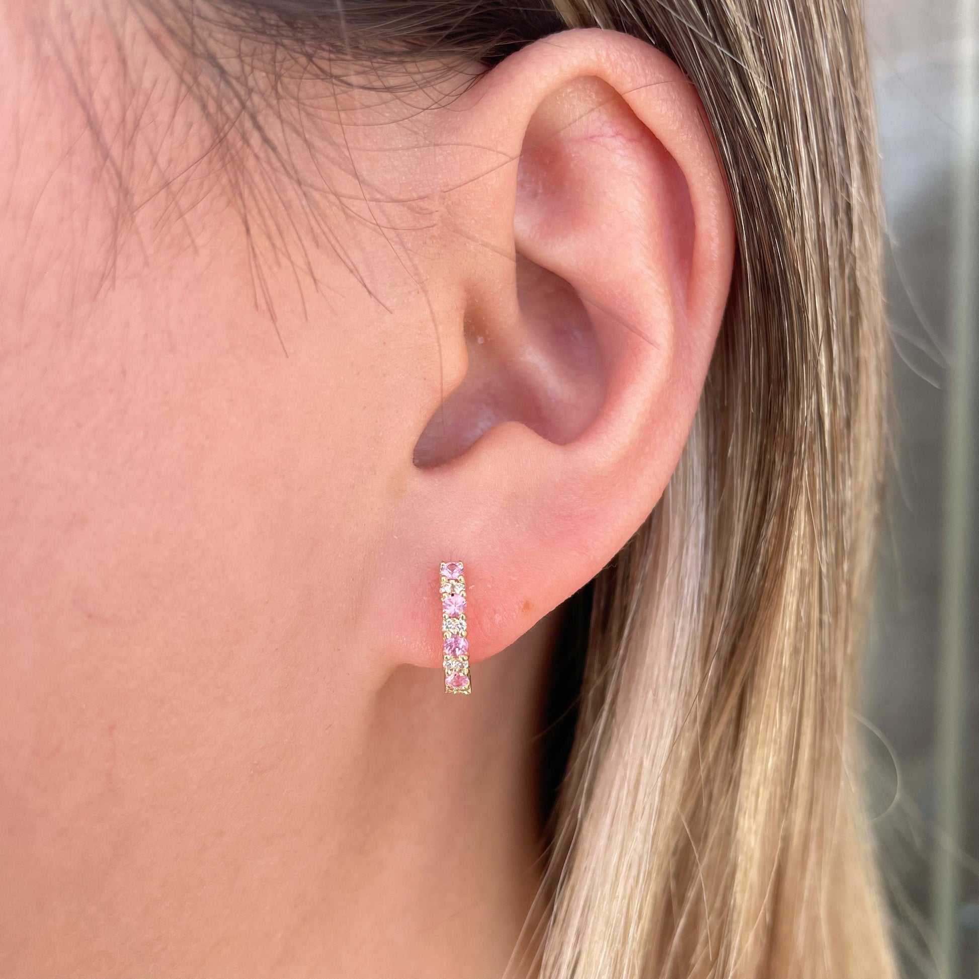 14K Solid Gold Genuine Pink Sapphire and Diamond Hoops