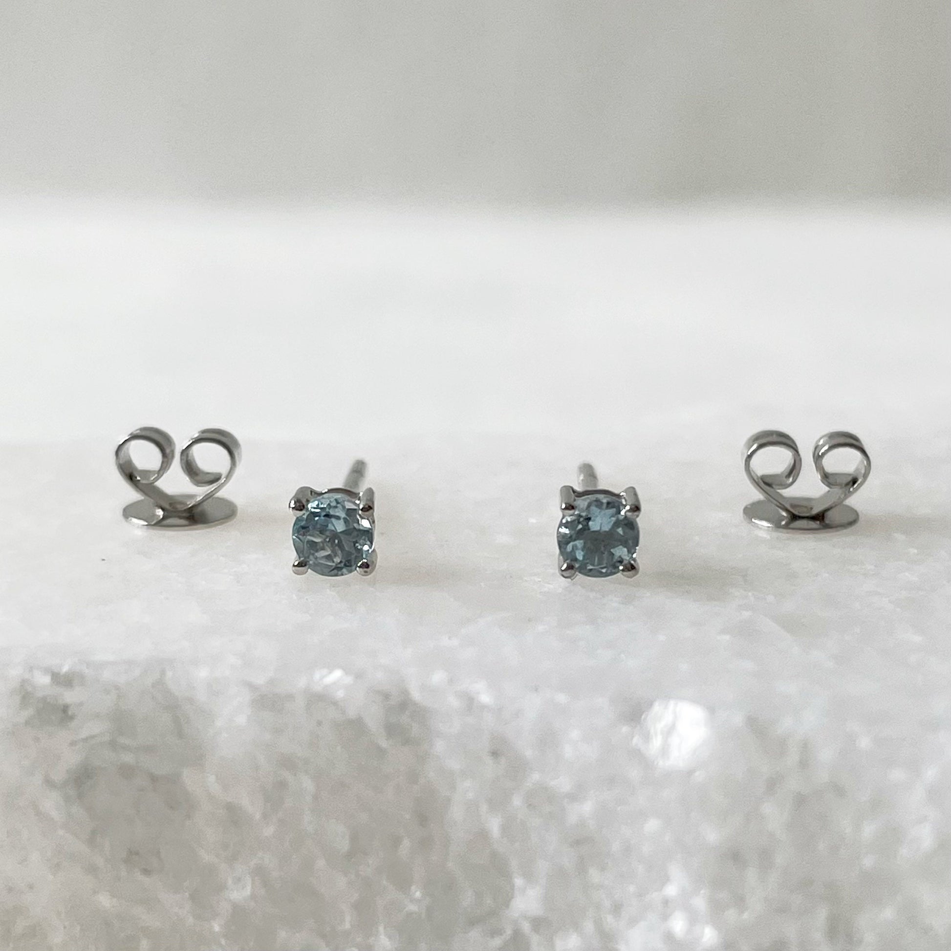 14K Solid Gold 3mm Genuine Aquamarine Studs/Pair
